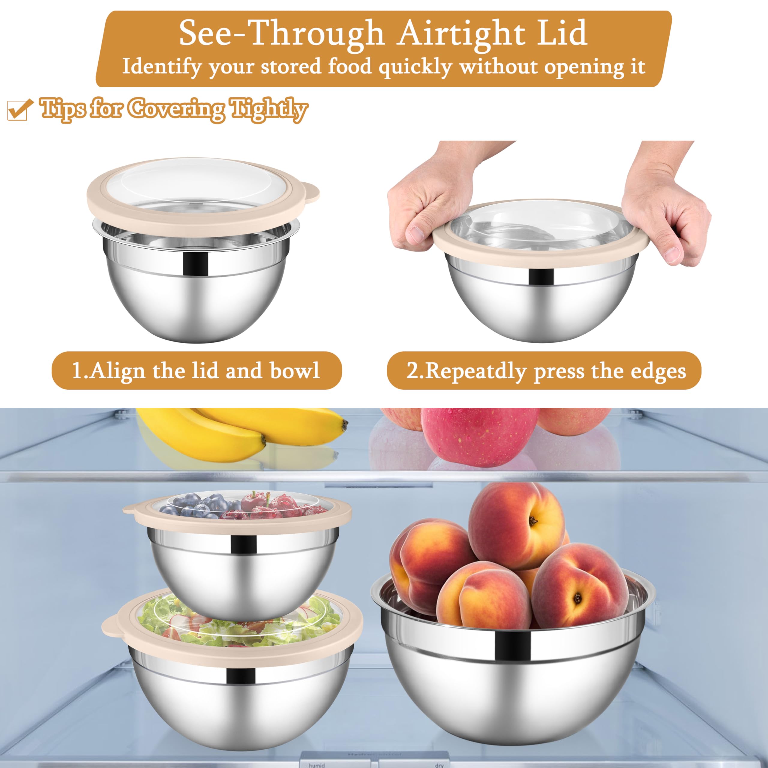 LIANYU Rührschüsseln mit sichtbaren, luftdichten Deckeln, 3-teiliges Edelstahl-Küchenschüssel-Set, 4,6 & 2,6 & 1,5 QT, ideal zum Mischen, Backen, Servieren, spülmaschinen- und gefriergeeignet, Khaki