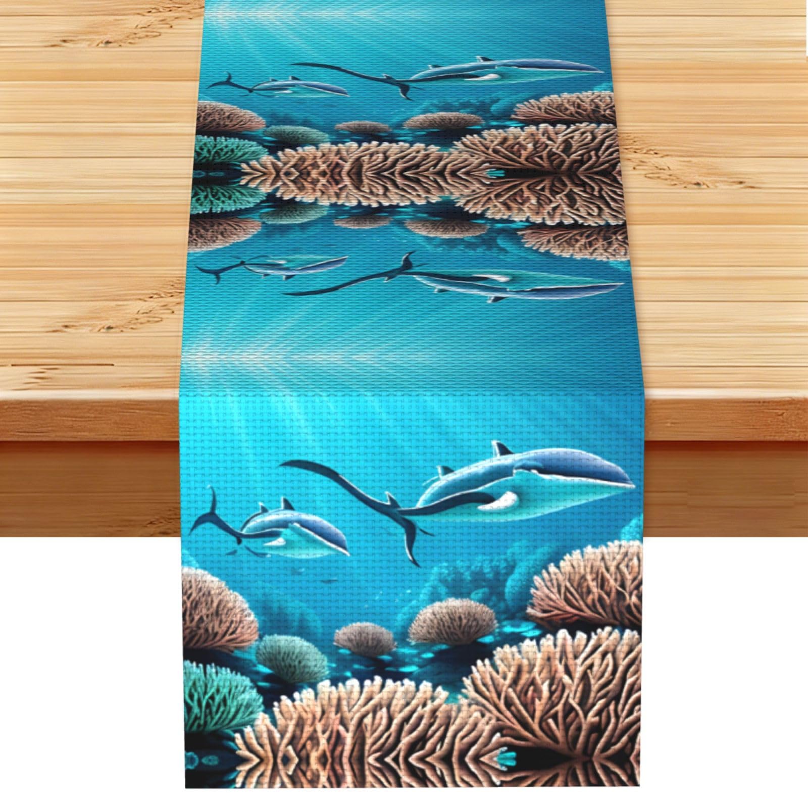 Deep Sea Whales Linen Look Table Runner 13x72-Wrinkle Resistant Farmhouse Style for Dining Table Decor