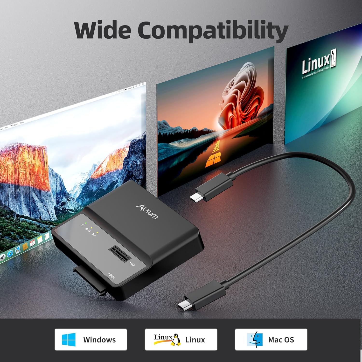 The Alxum S1235D enclosure connected to a laptop, with icons representing Windows, Linux, and Mac OS, indicating wide operating system compatibility.