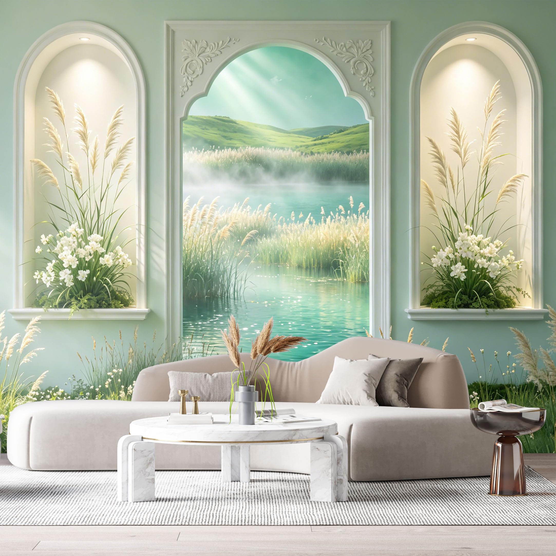 Custom Size Wall Murals Mint Green Archway Lake Landscape Botanical 3D Trompe L'Oeil SelfAdhesiveWall Fabric Removable Wallpaper Wall Decor for Living Room Bedroom Bathroom