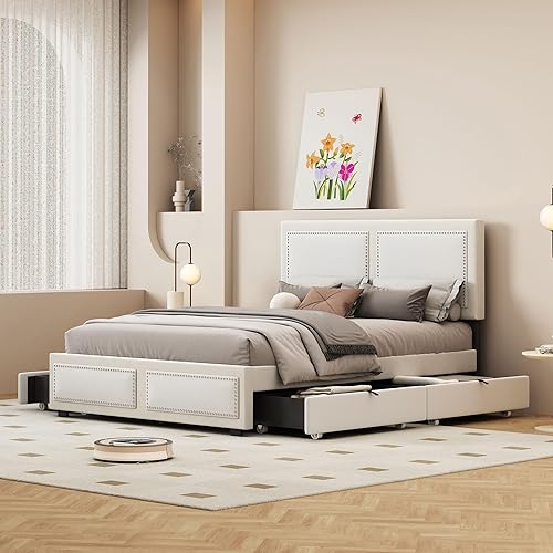 Miniatura 9 de Elegante cama con plataforma tapizada de terciopelo de tamaño Queen con cabecero, para niños, niñas y adolescentes (beige @cabecero/, Queen)