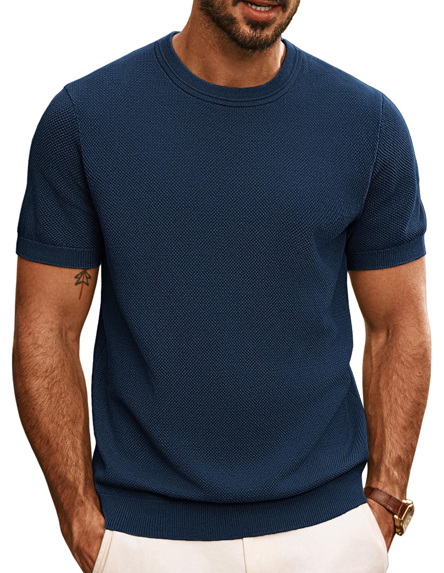 PJ PAUL JONES Men's Short-Sleeved Elegant Knitted T-Shirts with Crew Neck