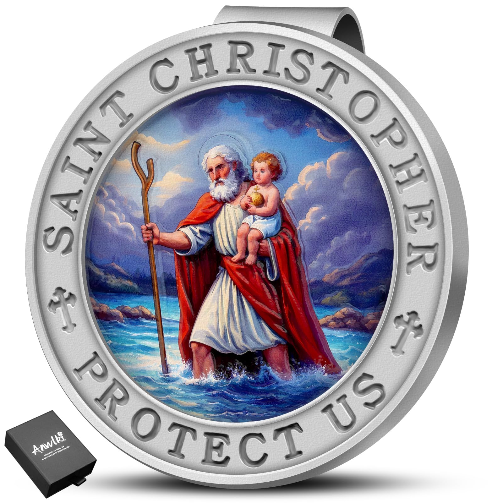 Anwlki Saint Christopher Medal for Car, Colorful 3D Relief St Christopher Visor Clip Bless Driving Safety Religious Gift for Parent, Family, Friend, Driver (1)