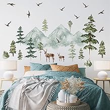 Mountain Tree Wall Decals Peel and Stick Large Pine Tree Wall Decals Forest Tree Woodland Deer Birds Animal Wall Decals Mountain Tree Wall Stickers for Kids Room Nursery Decor (Mountain Tree)