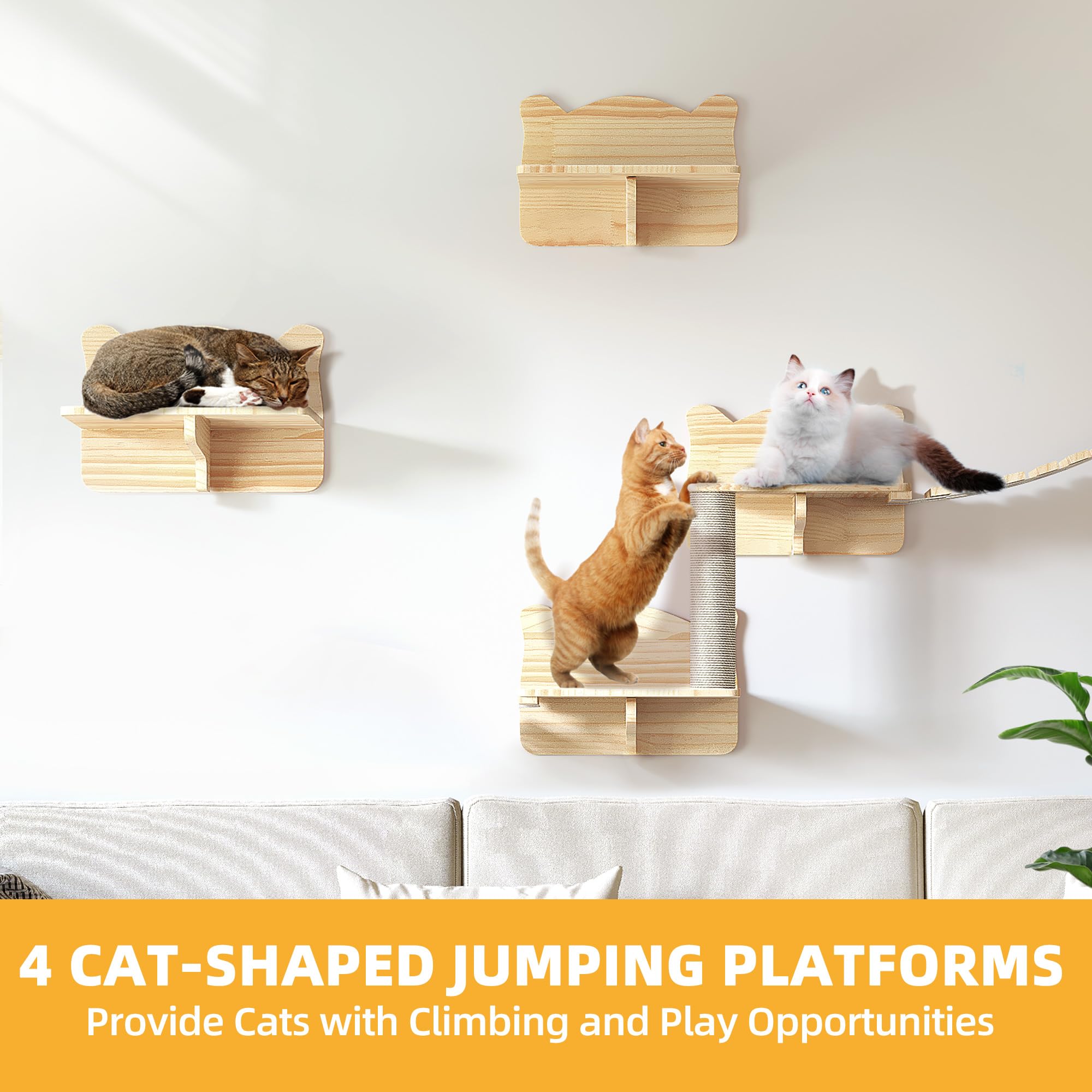 Homiflex Cat Wall Shelves, Cat Wall Furniture Pine Wooden Feline Shelf, 16 Piece Feline Shelves and Perches with Condos, House, Steps, Bridge Ladder, Scratching Post and Tunnel