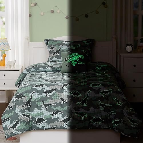 juego de edredón tamaño individual para niños - 3 piezas con luz en la oscuridad, juego de cama dinosaurio individual XL con 1 edredón, 1 almohada