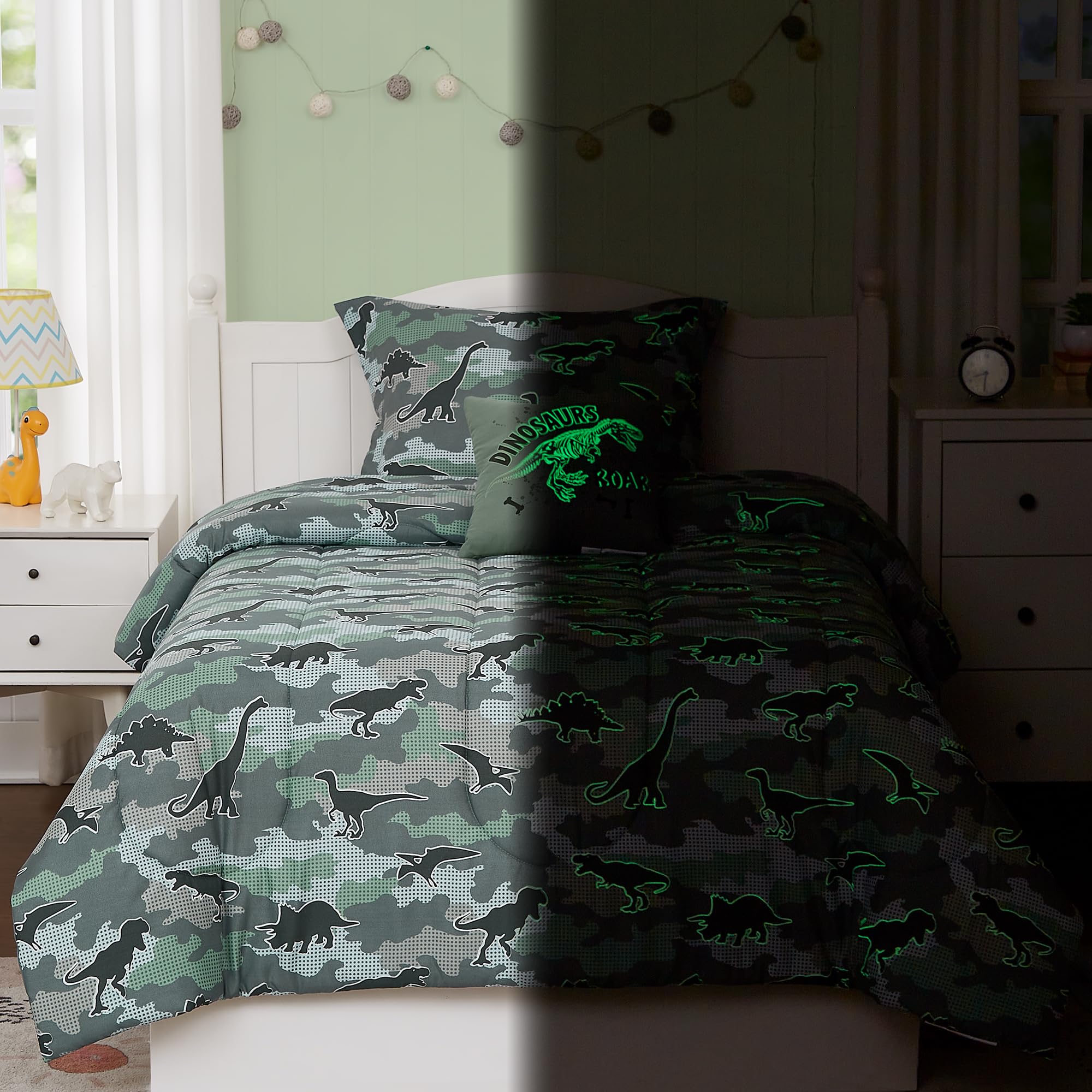 Twin Comforter Set for Boys-3 Pieces Glow in The Dark Dinosaur Twin XL Bedding Set with 1 Comforter, 1 Decor Pillow, 1 Pillow Sham