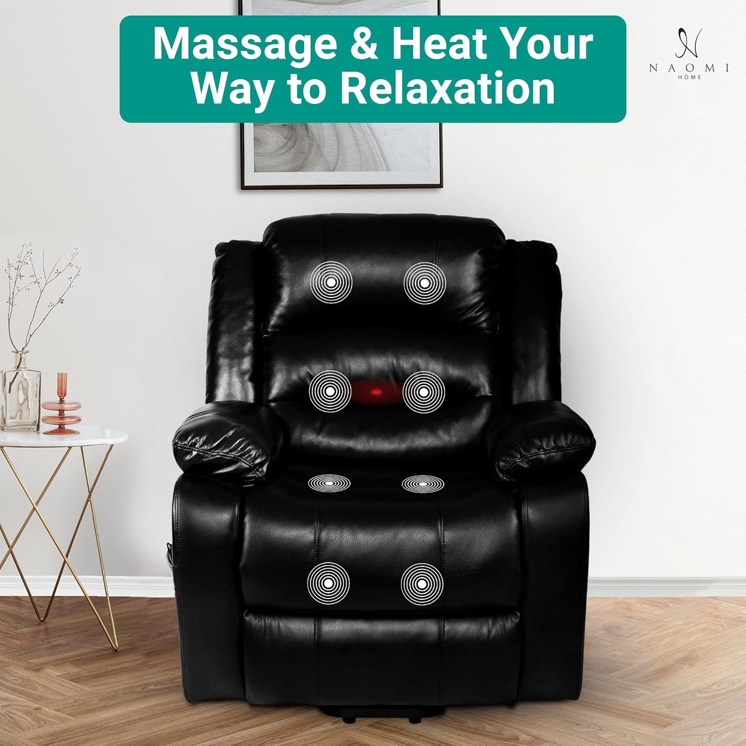 Naomi Home Whitney Power Lift Recliner Chair for Elderly with Massage and Heat, Plush Backrest, Extended Leg Support, Built-in Cup Holder, Side Pockets, Easy Assembly, Electric Power Lift Chair