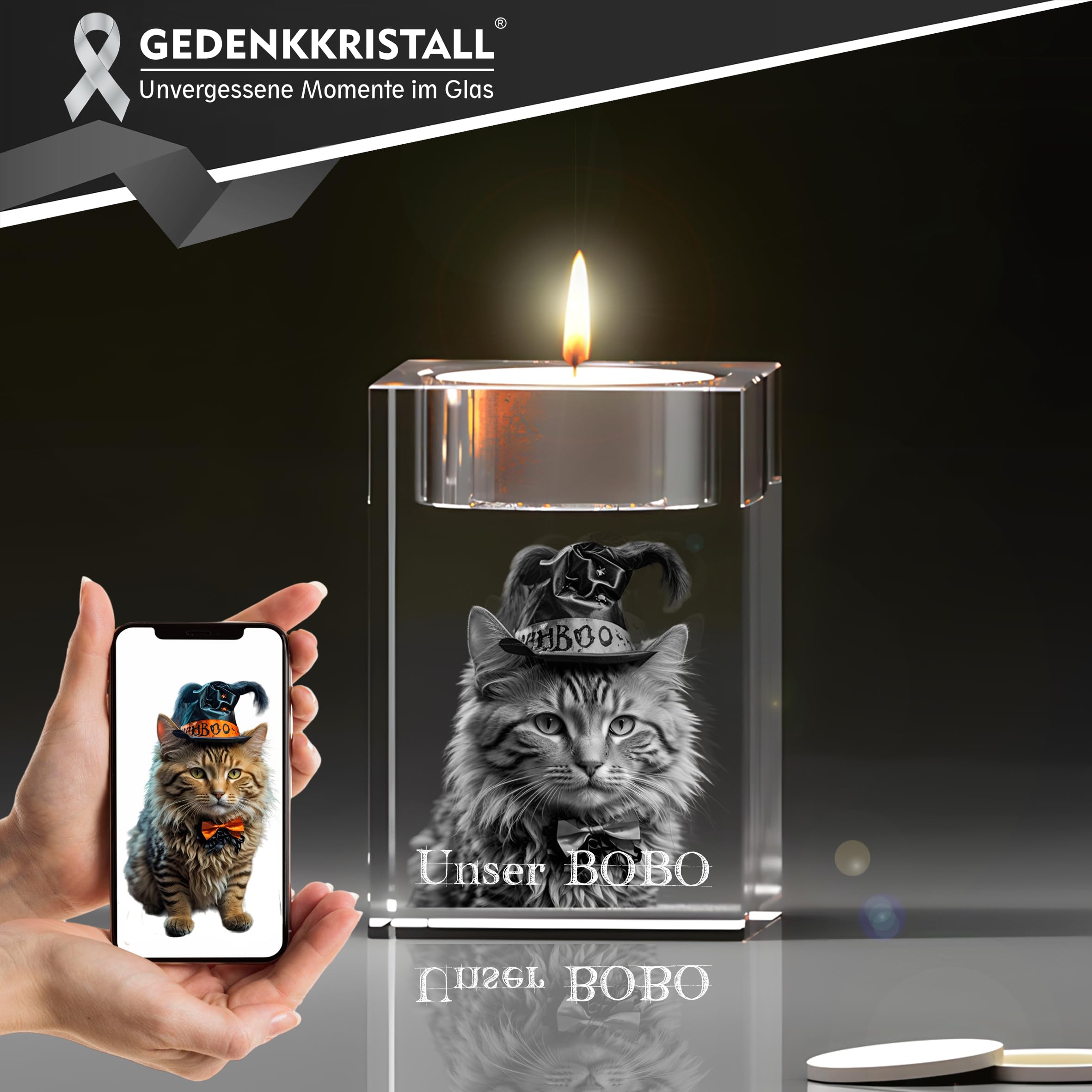 mit 3D-Gravur Teelichtvertiefung – Personalisiertes Erinnerungsstück für Haustiere, inkl. 3D-Lasergraviertes Bild, Erinnerung Haustier