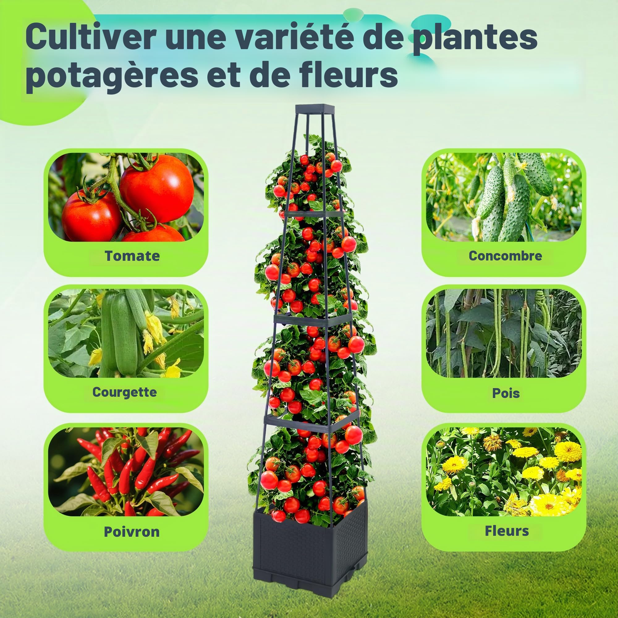 2 Pack Jardinières surélevées avec Treillis, 144cm Pot à Tomates Autoirriguant avec Support Trapézoïdal pour Plantes Grimpantes, Fleurs et Légumes, Intérieur et Extérieur