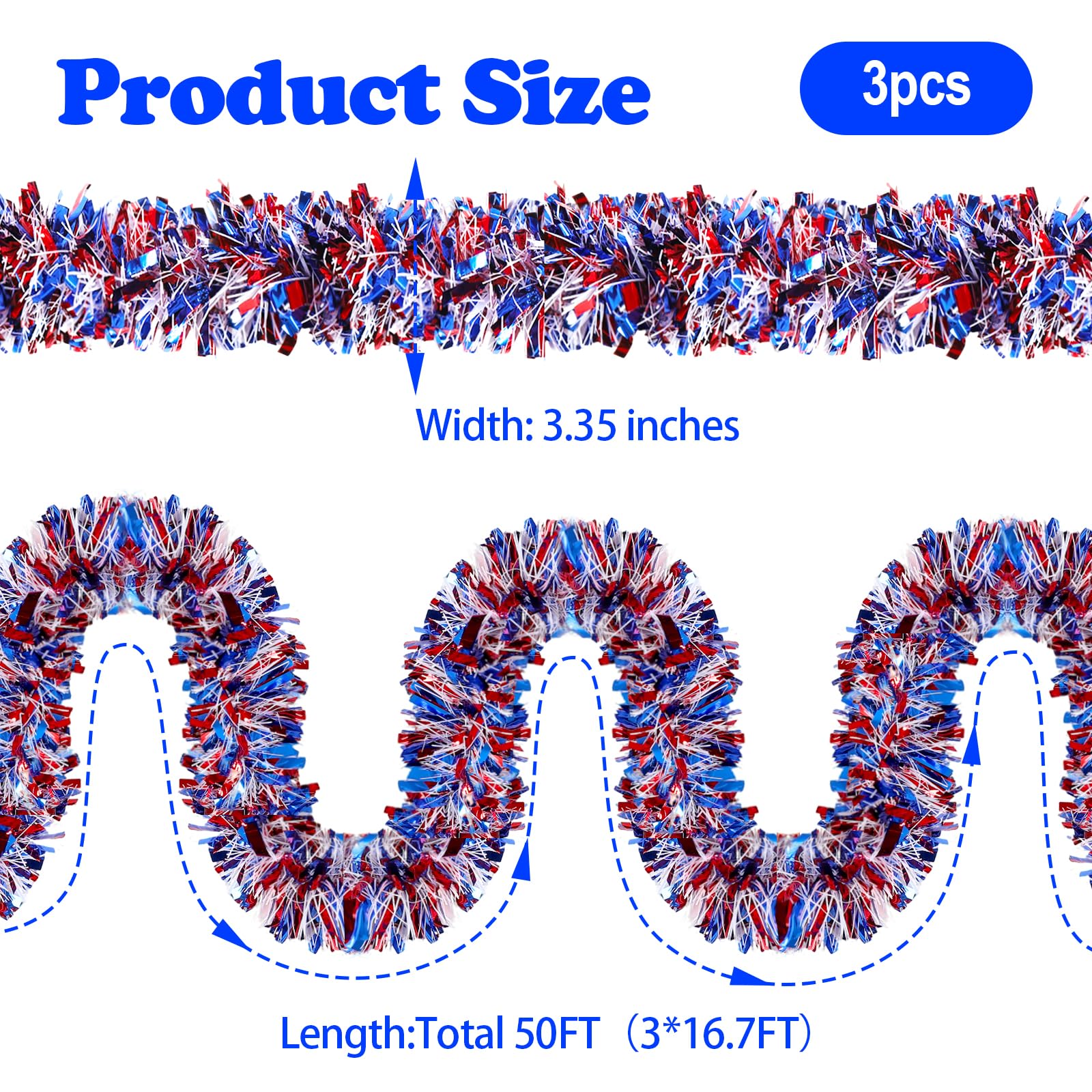 51.2Ft 4th of July Decorations Patriotic Tinsel Garland Red White and Blue Glitter Hanging Garland for Independence Day Memorial Day Indoor Outdoor Fourth of July Garland Parade Float Home Decor