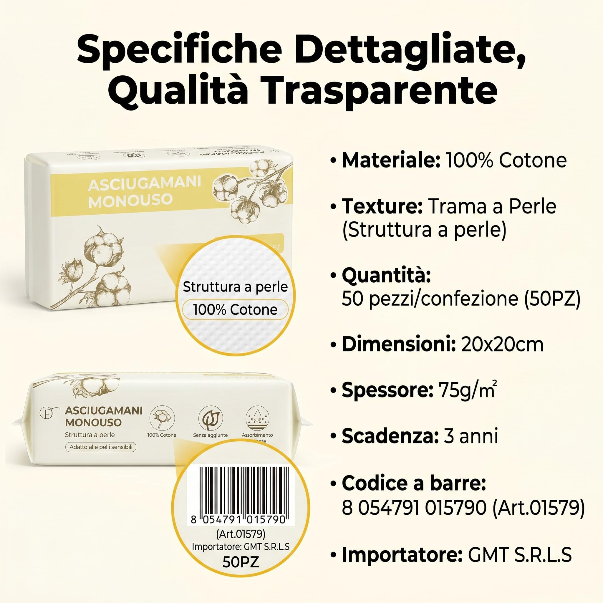 Asciugamani Monouso Viso 100% Cotone, 300 Pezzi 20x20 cm, 75 g/m², Salviette Asciutte con Trama a Perle, Morbide e Resistenti, Senza Profumo, Uso Asciutto o Bagnato