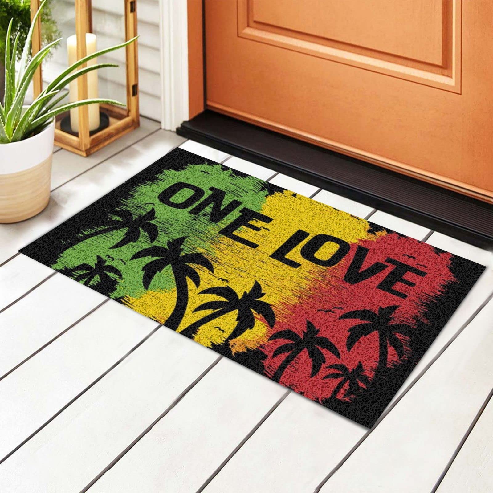 Bioonce Welcome Rectangular Door Mat One Love Reggae Rasta Entrance Way Rugs Doormats Soft Non-Slip Washable Bath Rugs Floor Mats for Home Bathroom Kitchen 16X24 Inch