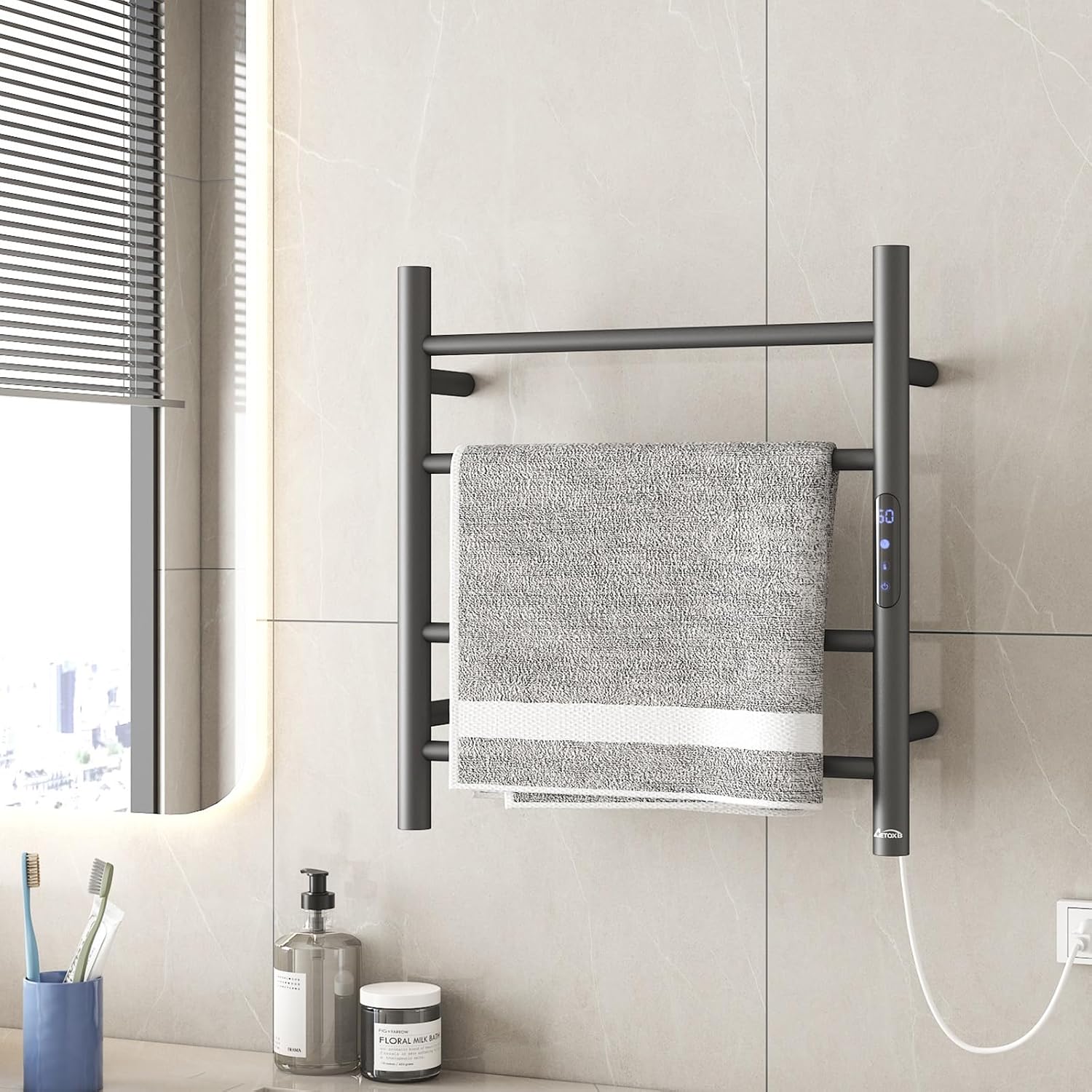 4-Bar Heated Towel Rack for Bathroom, Wall-Mounted Electric Towel Warmer Rack with Timer, Plug-in Stainless Steel Towel Dryer, Matte Black