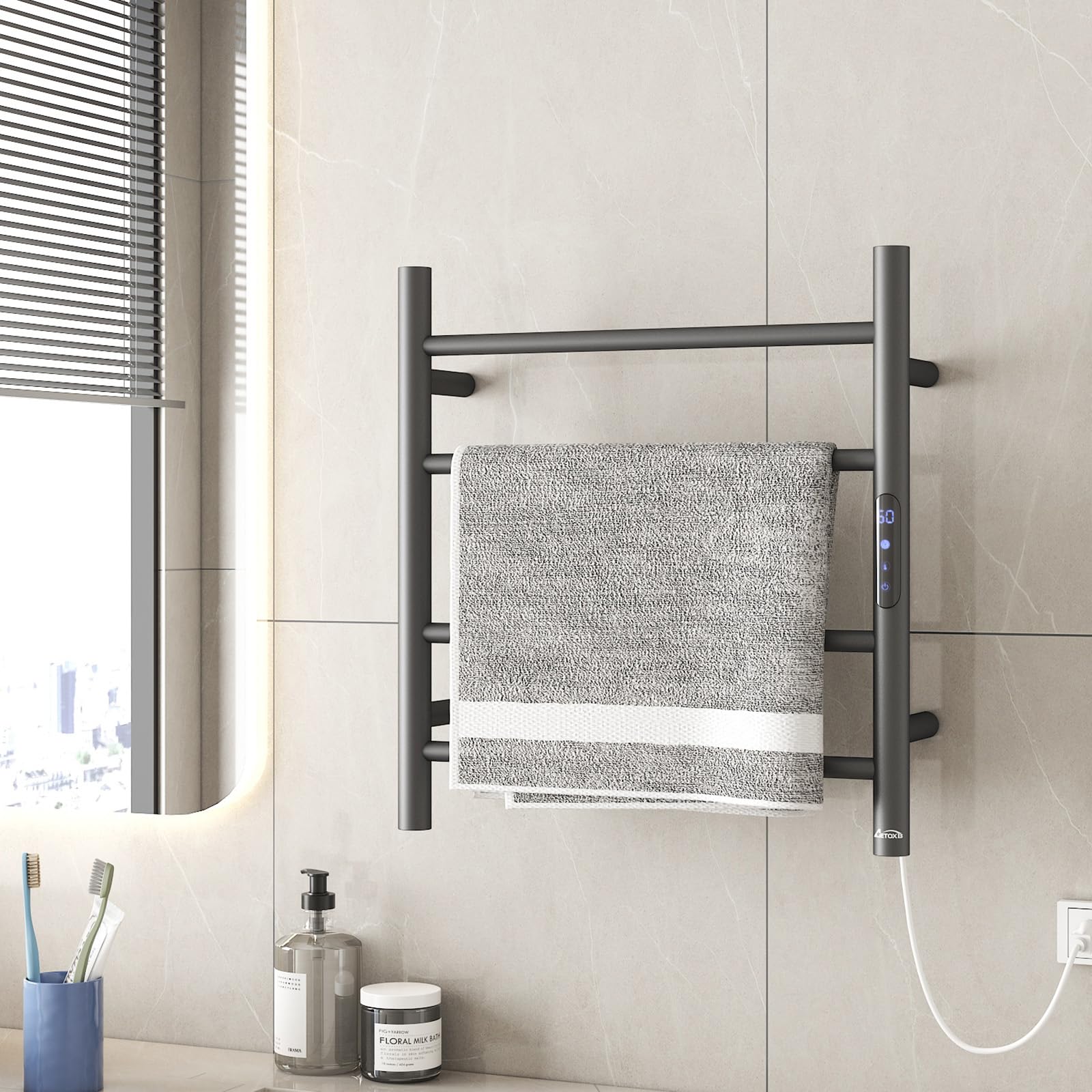 Aetoxb Towel Warmer Rack, 4 Bars Electric Towel Warmer for Bathroom, Wall-Mounted Towel Drying Rack with LED Built-in Timer, Plug-in Bath Towel Heater, Matte Black Stainless Steel Heated Towel Rack