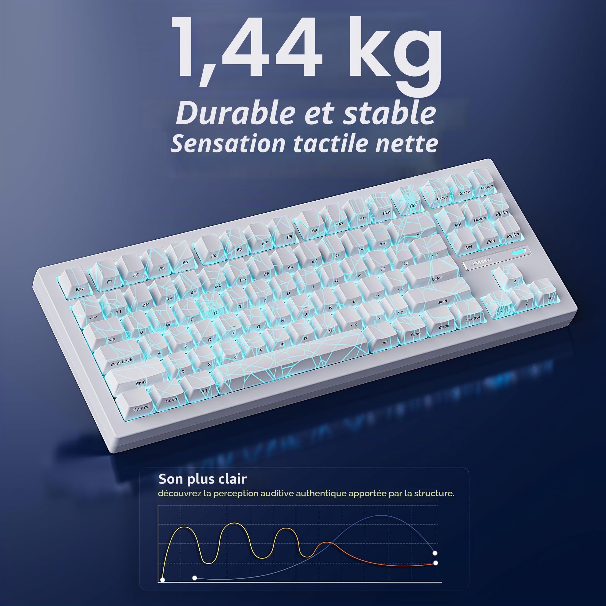 ZORNHER ZH870 Clavier mécanique sans Fil 80% TKL, Touches Toile d’araignée Blanche, switches Sakura linéaires, RGB, Hot-swappable