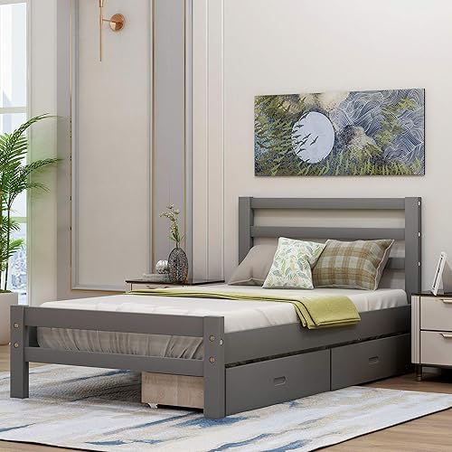 Cama de plataforma individual con cajones de almacenamiento, plataforma de madera maciza con cabecero y estribo, no necesita somier, gris
