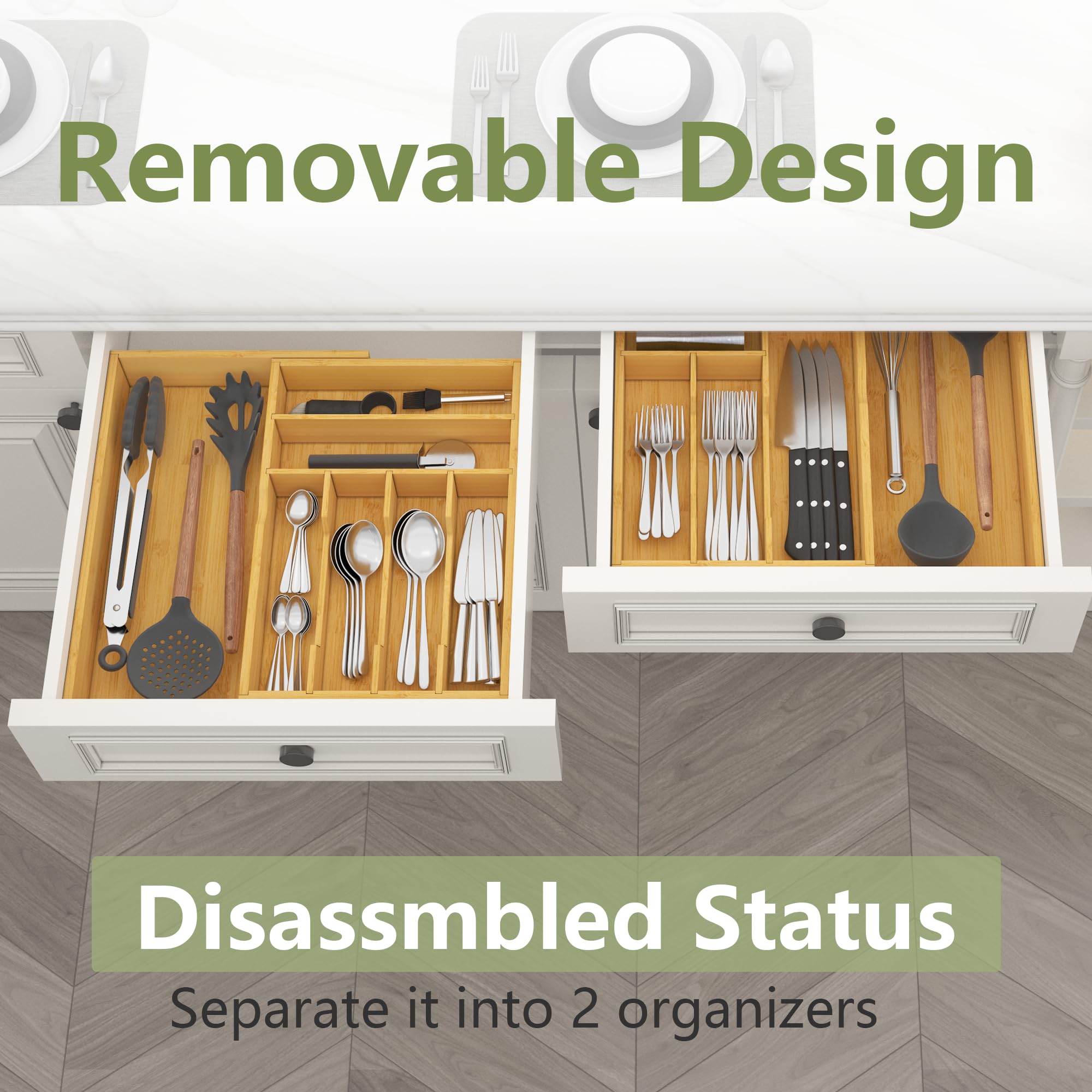 Suli Großer Besteckschubladen Organizer, verstellbares Küchenbesteck für Gabeln, Utensilienhalter für Löffel, Gabeln, Messer, Einstellbar Breite 54, 4-91,4 cm, Tiefe 40 cm,Naturbambus