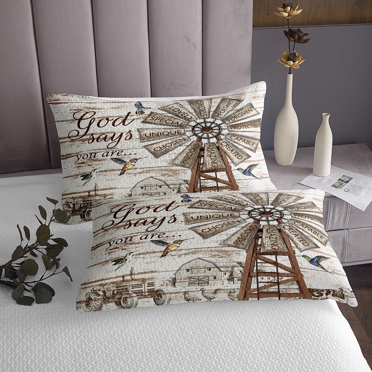 Rustic Windmill Farmhouse Quilt Set Queen Size,Hummingbird Farm Cow Coverlet Set Rooster Cabin Country Lodge Bedspread Set Windmill Decor Vintage Barn Door Wooden Plank Bedding Set, 2 Pillow Cases