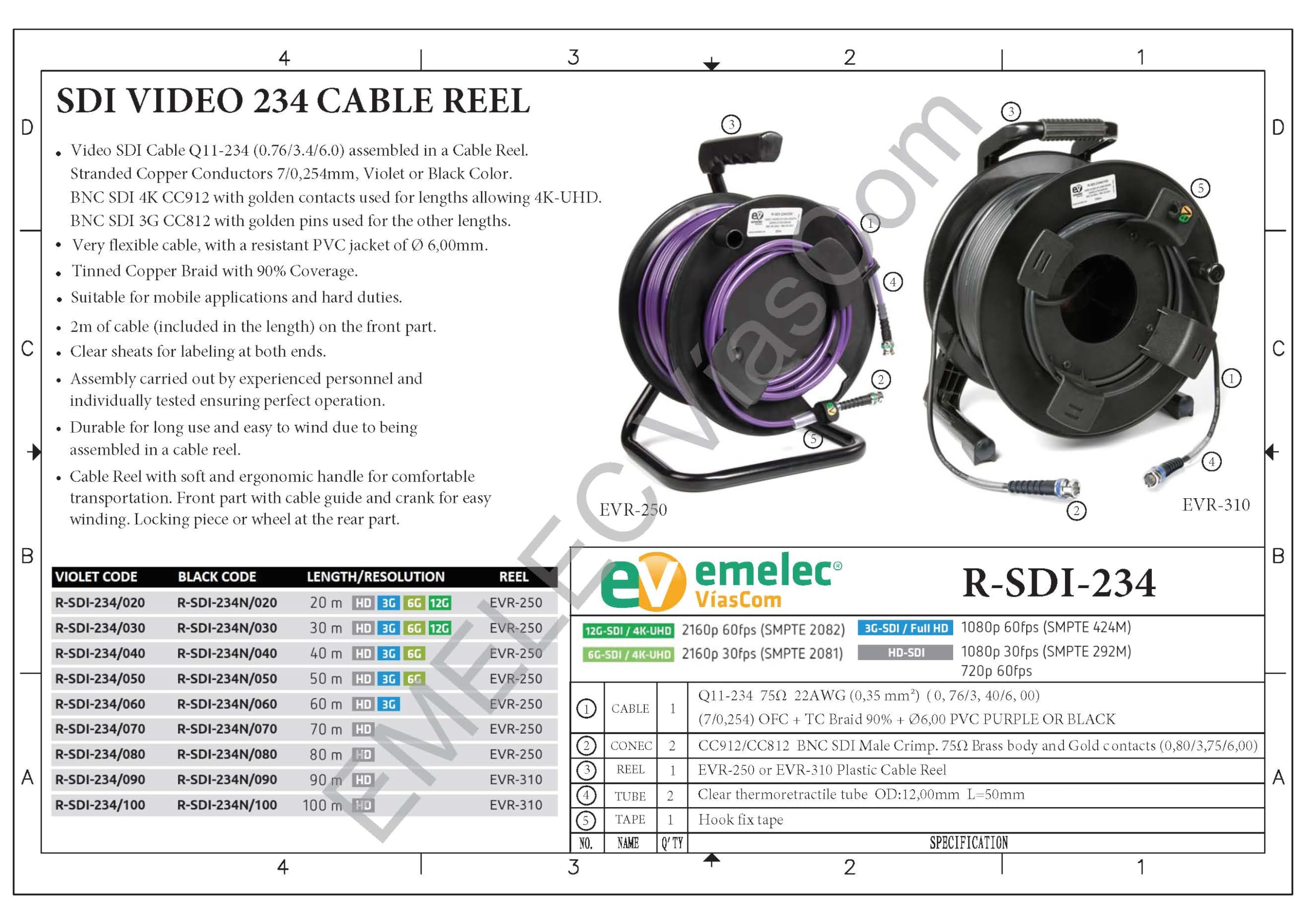 Emelec VíasCom R-SDI-234N/060 – 60m Cable Video 4K-UHD 6G-SDI (0,76/3,40/6,00) montado en Portacables con BNC 4K-UHD – Conductor Multifilar – Color Negro – PVC Flexible