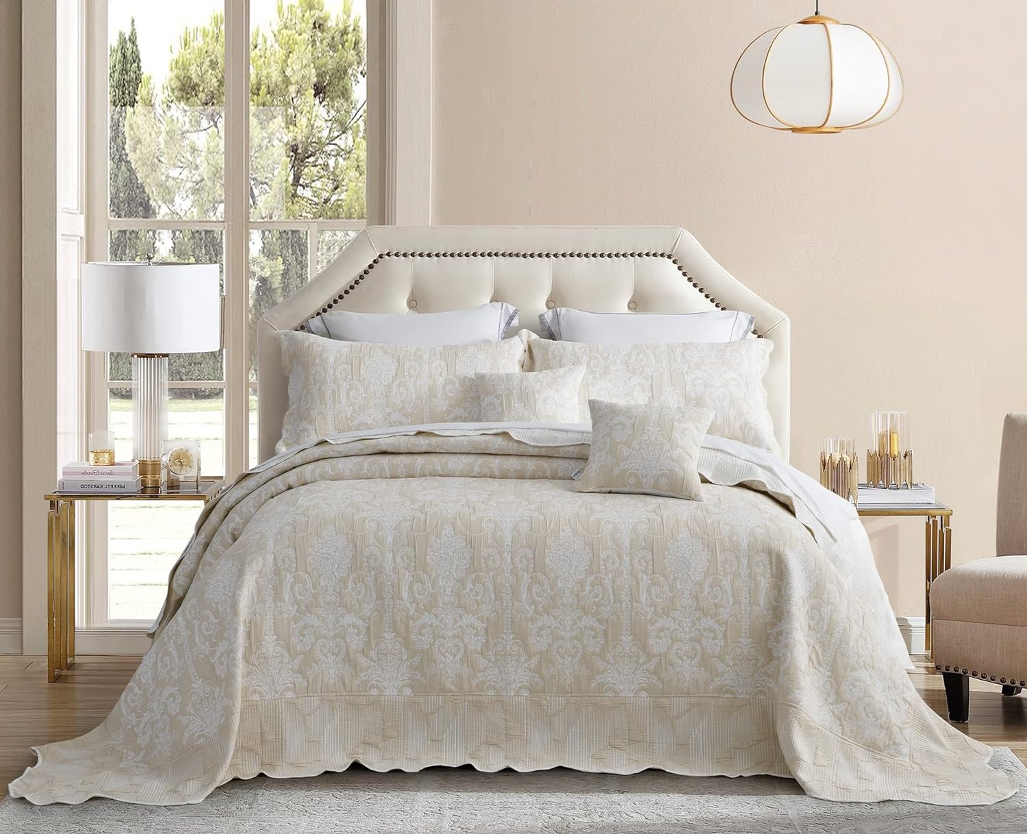Oversized King Bedspread 128x120 Extra Wide, Jacquard Matelasse Damask Pattern Design, Lightweight, Reversible, 5 Piece, 100% Microfiber, Ivory - Image 2