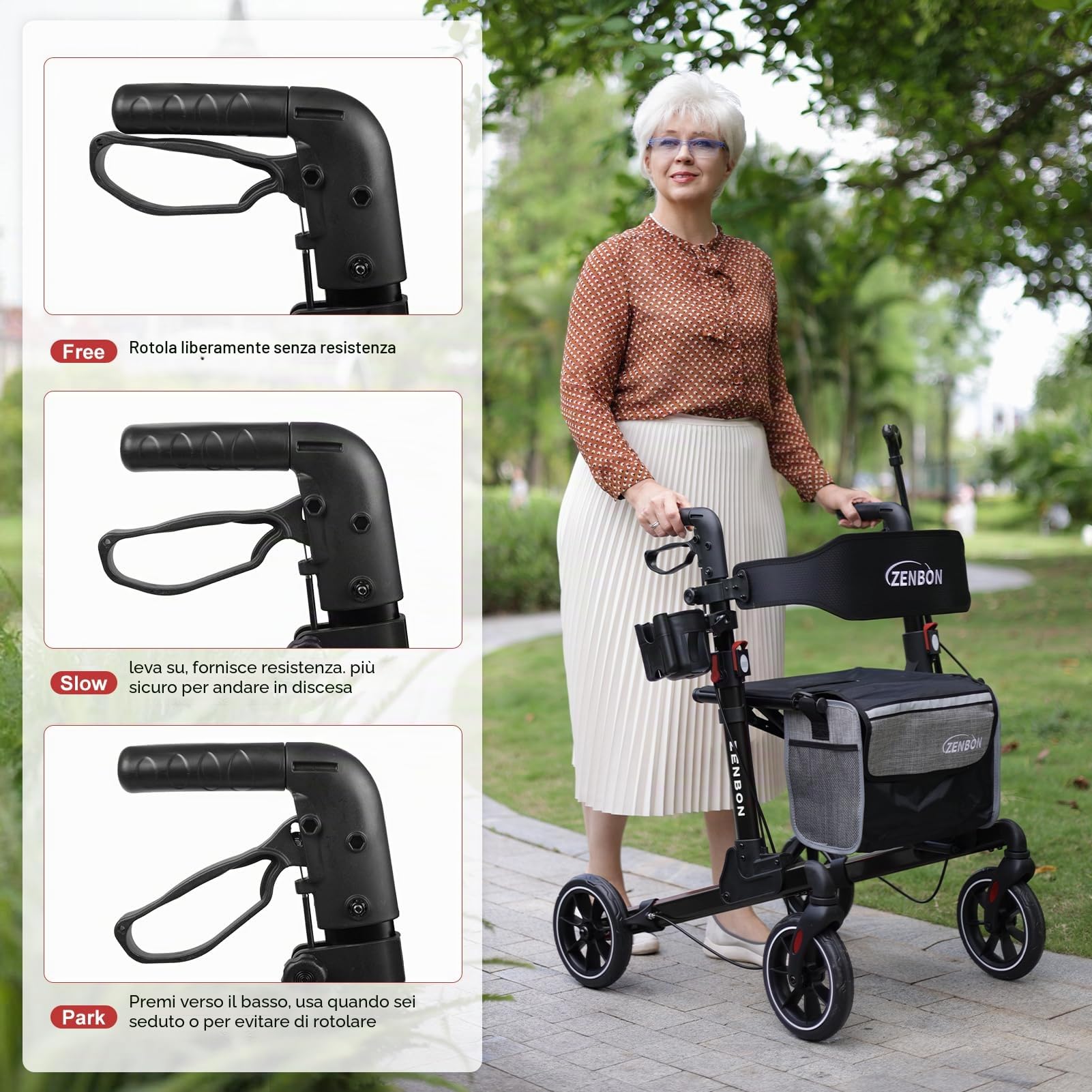 Deambulatore per Anziani in Alluminio: Rollator Pieghevole e Leggero con Seduta - Rollator da Interno 4 Ruote Leggero e Pieghevole Speciale con Schienale e porta Bastone da Passeggio (Nero)