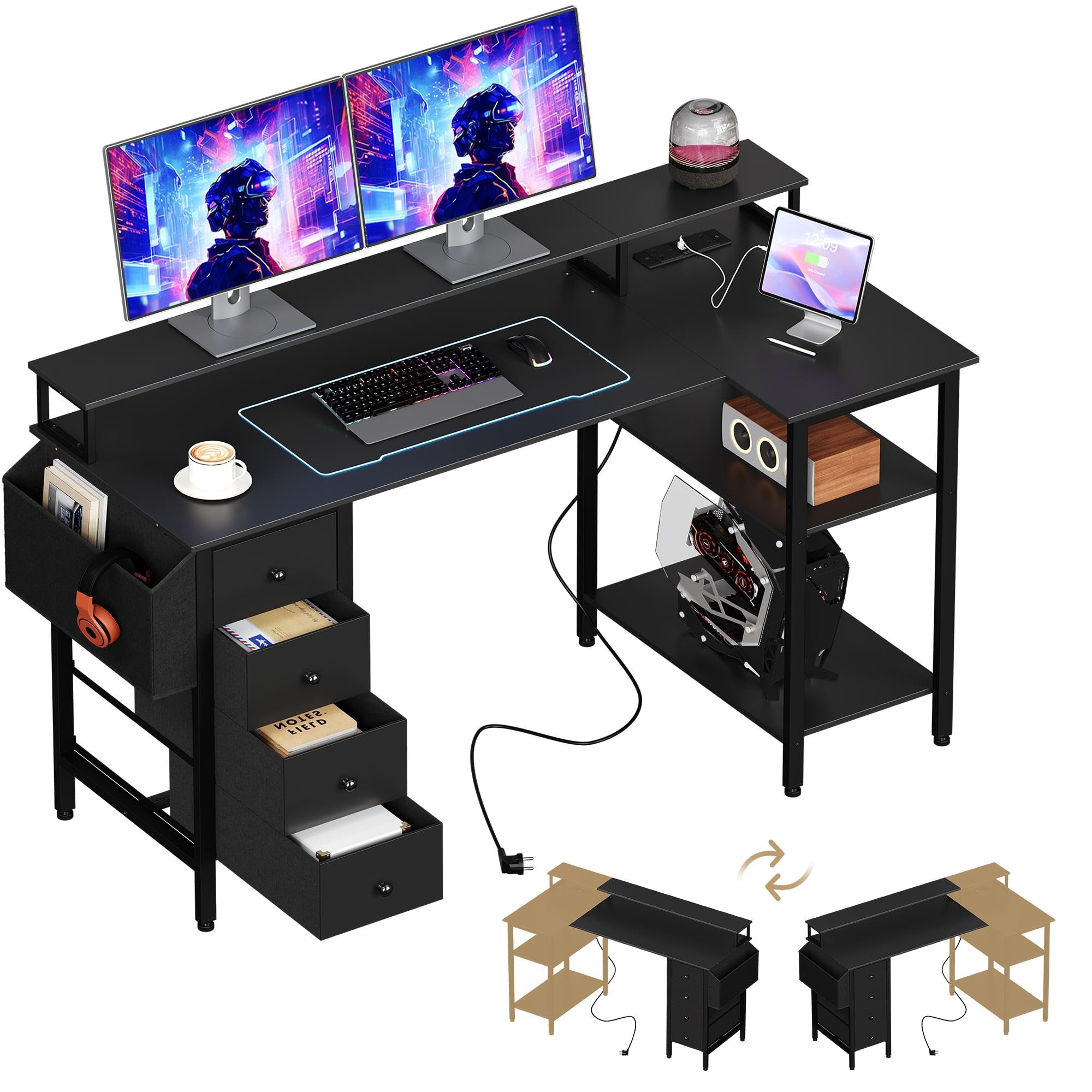 Yaheetech Corner Gaming Desk with Drawers, 140x70cm L Shaped Computer Desk with Power Outlets, Office Desk with Raised Monitor Stand, Reversible Storage Shelves for Home Office, Black