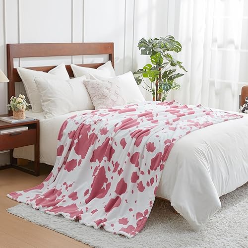 Cozy Bliss Cow Print Throw Blanket for Bed - Fuzzy Thick Soft Warm Fleece Blankets for Couch & Bed, for Women Men Girls Kids, Pink Large King Size 120"*100"