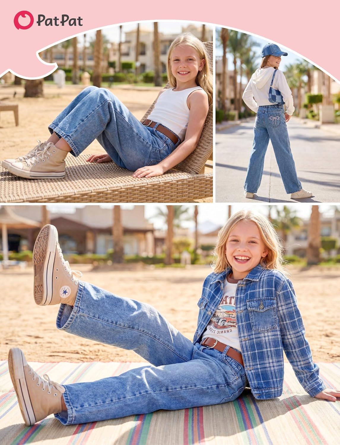 PATPAT Girls Baggy Wide Leg Jeans 5-14 Years, Cute Bow Embroidery Elastic Waist Denim Pants with Zipper Fly, Y2K Streetwear