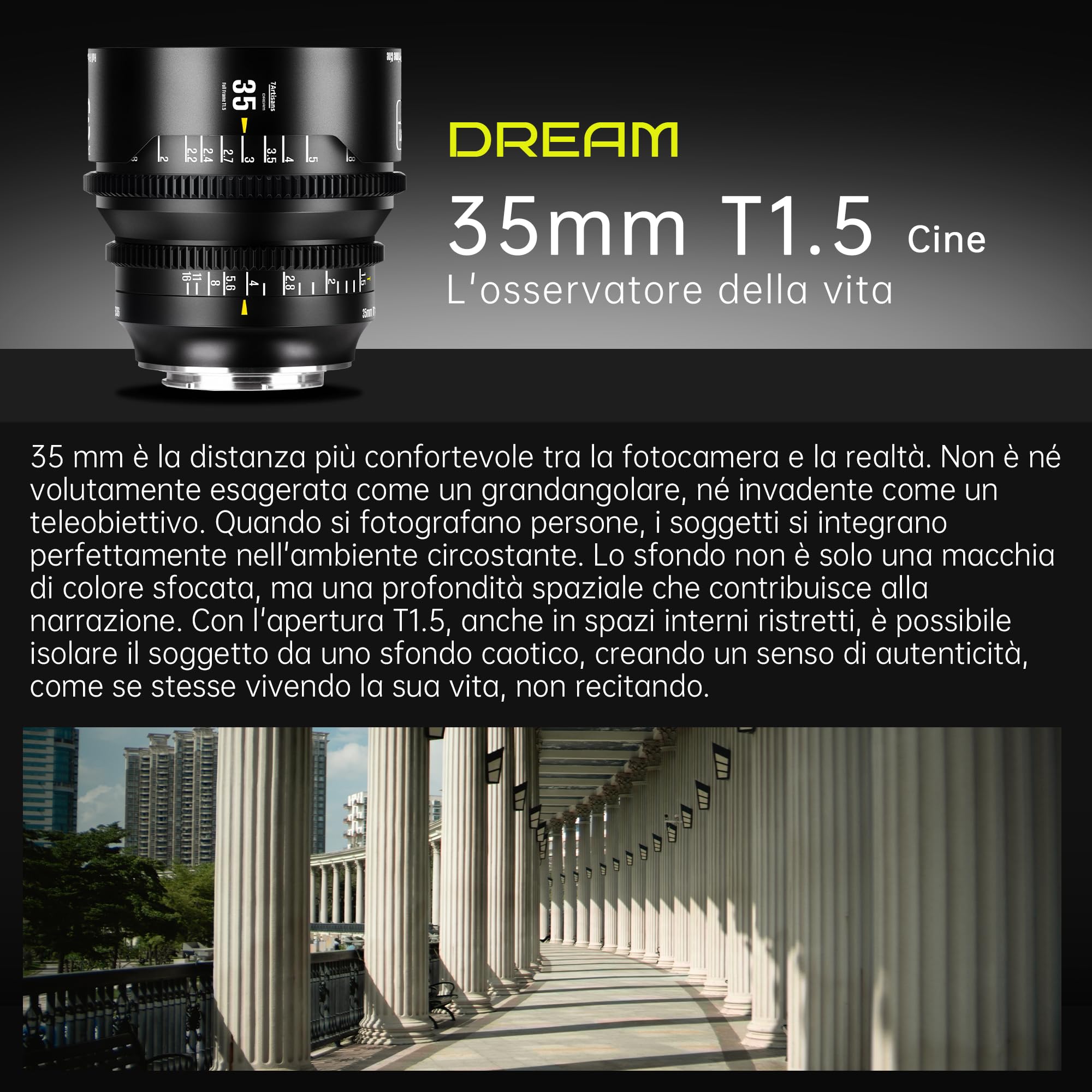 7artisans 35mm T1.5 Dream Series Obiettivo Cinematografico Professionale, Grande Apertura, Full-Frame, compatibile con Sigma FP, Panasonic S1 S1H S5, Leica SL SL2, Nero