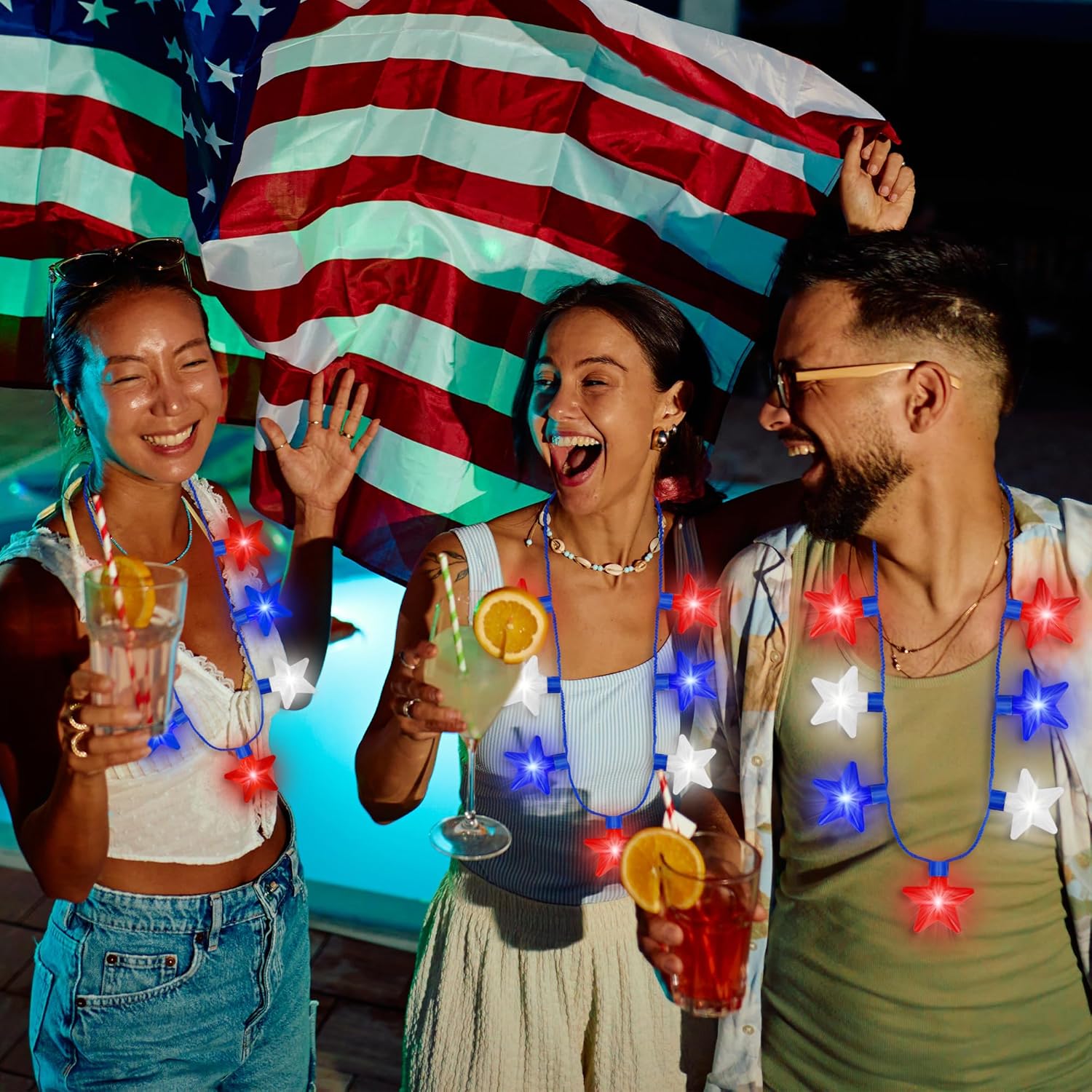 4th of July Necklace Accessories, 3PCS Fourth of July Light up Necklaces, 250th Anniversary Patriotic Independence Day 7 Bulb Red Blue White Stars Necklaces for Memorial Day Parades Party Favors