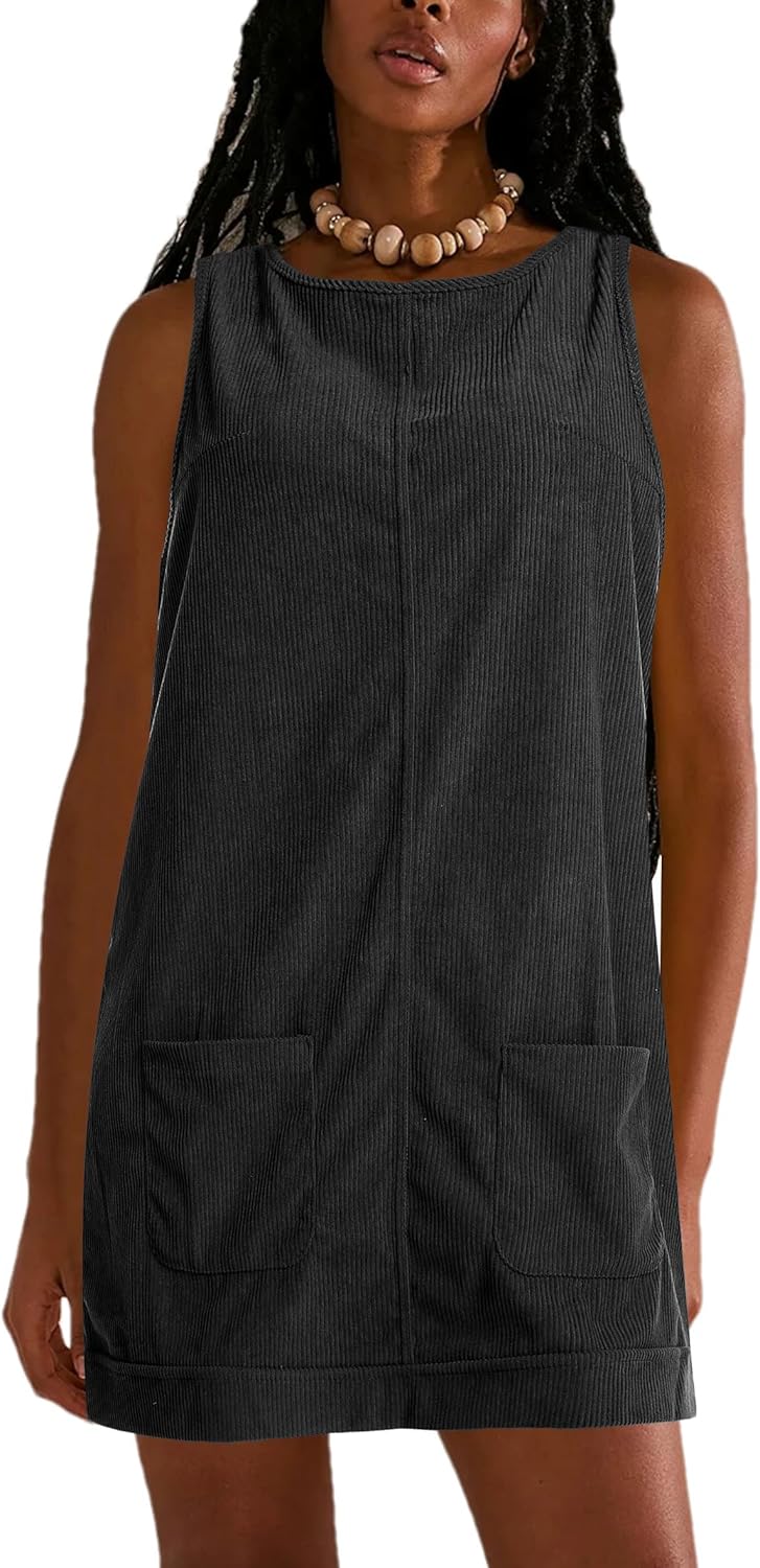 Corduroy Overalls Dress for Women A Line Casual Stretch Jumper Shift Dress with Pockets
