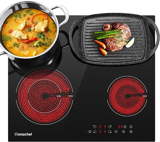 AMZCHEF Piano cottura in vetroceramica, 6600 W elettrico con 4 fuochi, 9...