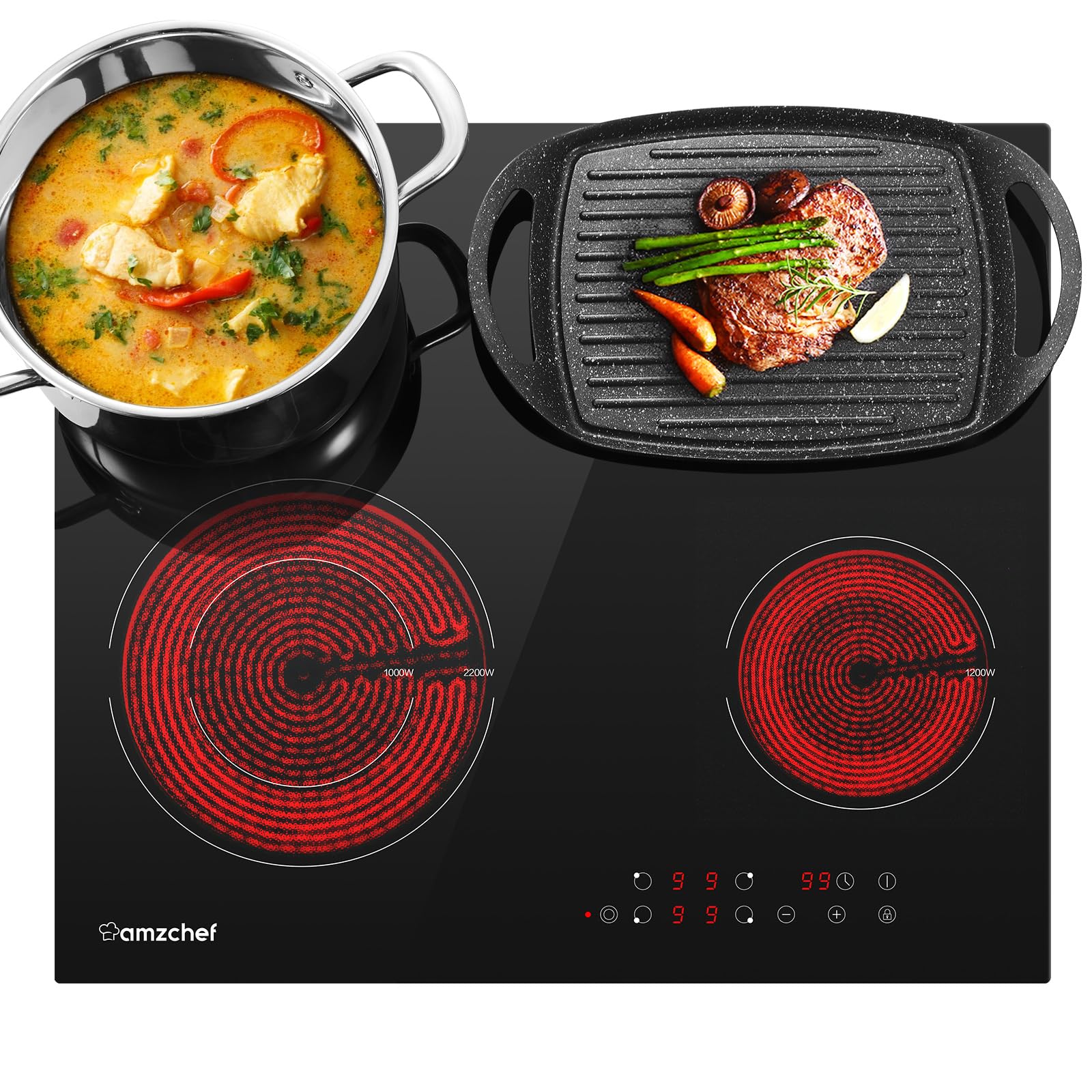 AMZCHEF Piano cottura in vetroceramica, 6600 W elettrico con 4 fuochi, 9 livelli di potenza, doppia zona, zona tostatura, funzione di pausa, controllo touch scorrevole, blocco bambini