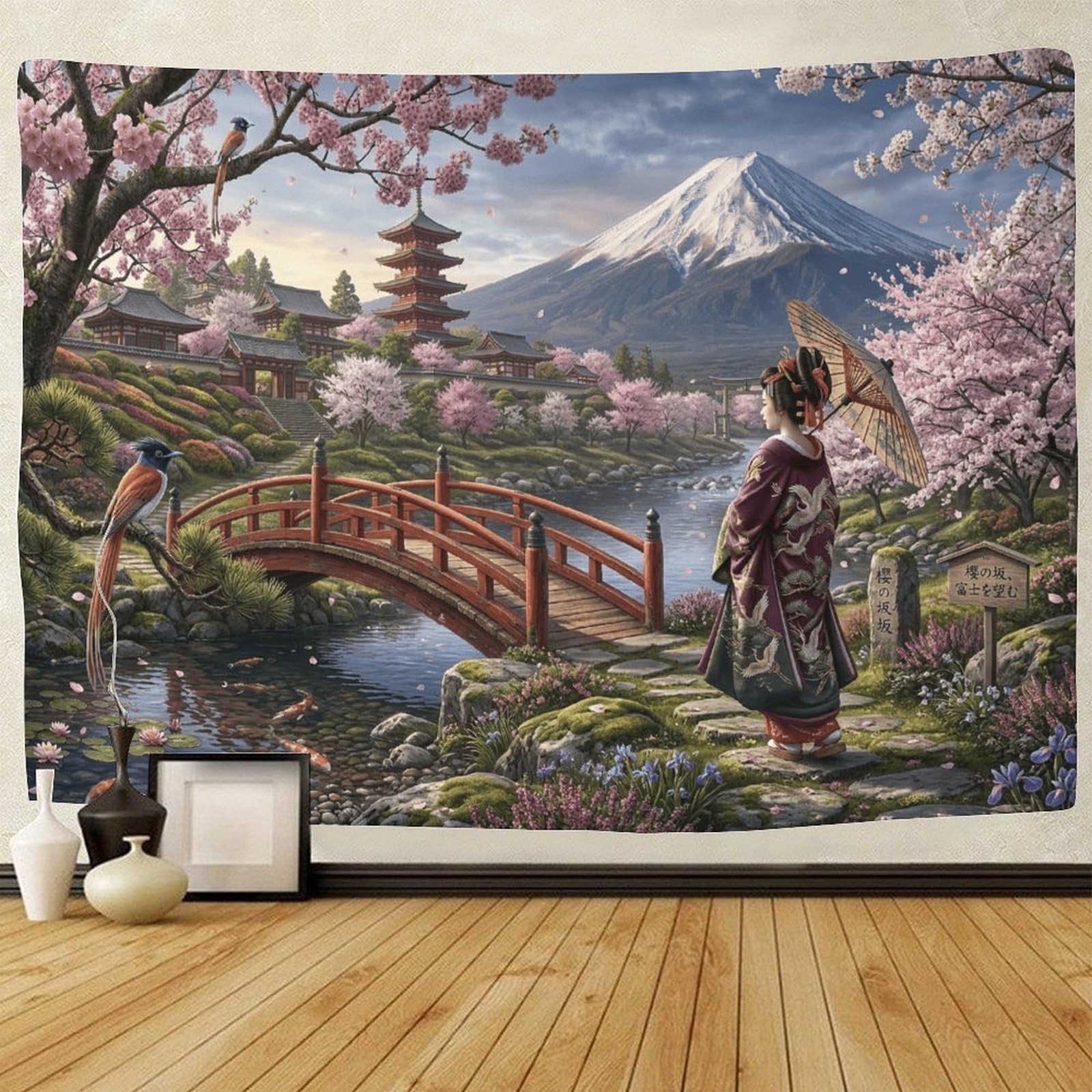GPMNBCXZK Japanese Mount Fuji 3D Wall Tapestry Cherry Blossom Living Room Art Decor for Bedroom 100cmx150cm