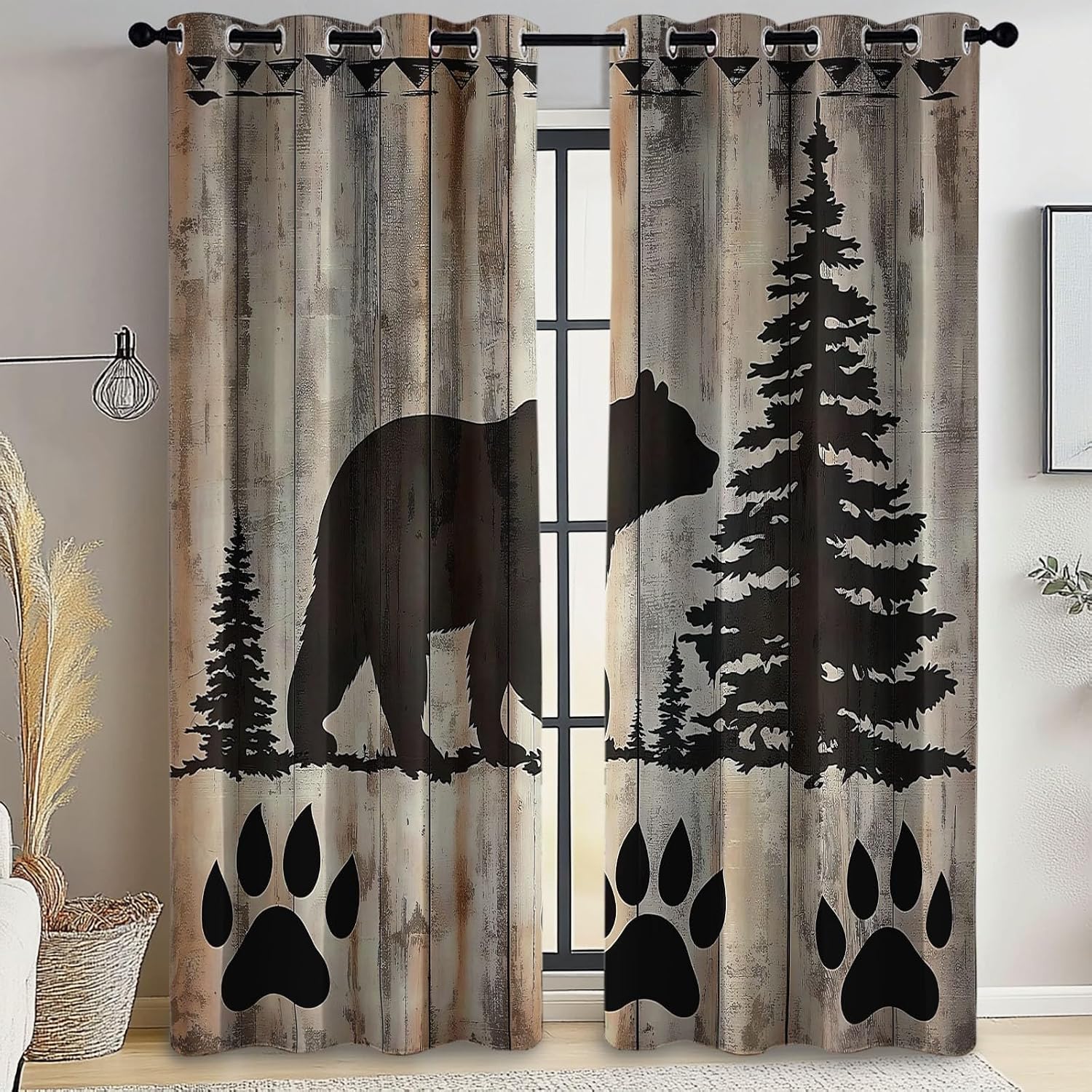 Blackout Curtains Bedroom Retro Style Bear and Pine Tree Pattern, Geo-Thermal Insulated Energy Efficiency Window Treatment Sets Grommet Drapes for Kids Room 52" W x 84" L (Pack of 2), Dark Brown