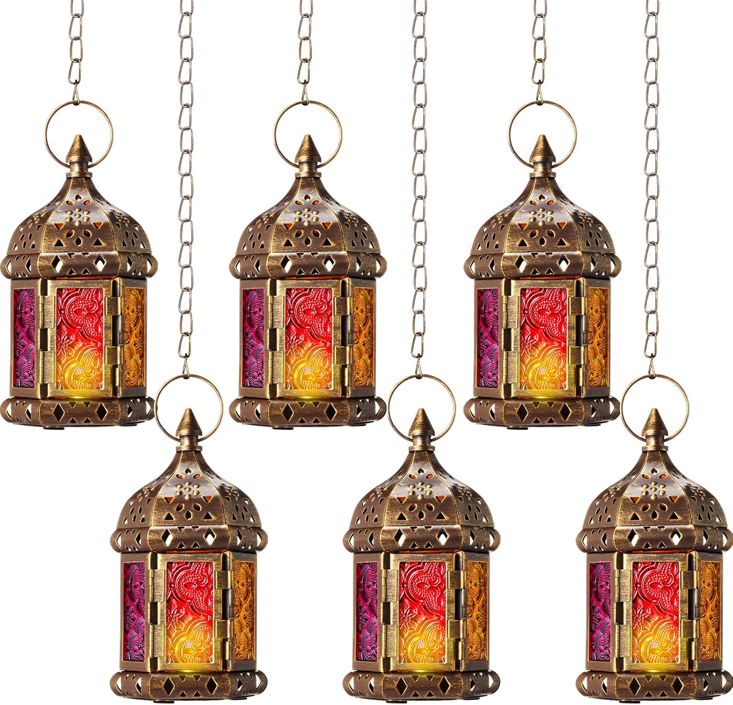 Retisee 6 Pcs 6.7 Inch Moroccan Lantern Decorative Hanging Indoor & Outdoor, Vintage Metal Candle Lantern Holder, Mini Candle Holder, for Table, Patio, Porch, Shelf, Ramadan Eid Ul Fitr Home Decor