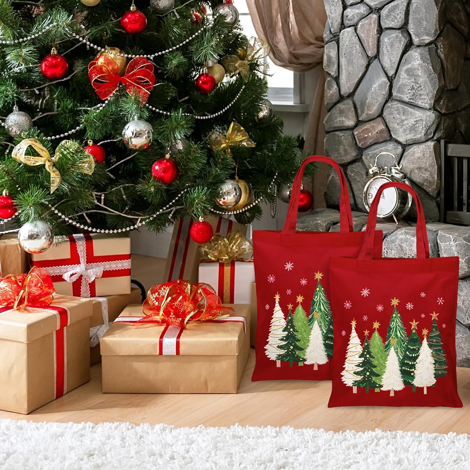 Whaline Christmas Canvas Tote Bag Xmas Tree Snowflake Grocery Shopping Bag Red Reusable Gift Goodie Bags for Winter Holiday Party Supplies, 13.4 x 15.7 Inch - Image 7