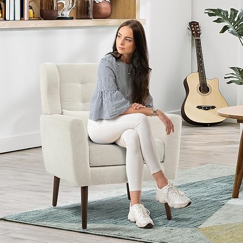 Miniatura 53 de Silla decorativa moderna, sillón tapizado con almohada, sofá individual de tela con asiento de salón y patas de madera, silla decorativa para sala