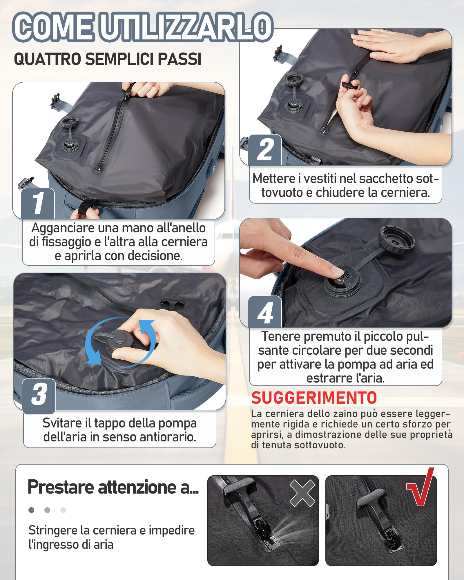 suradar Zaino Ryanair Sottovuoto da Viaggio con Pompa Integrata Wizzair Eurowings Vueling, Zaino con Sottovuoto Incorporato 40x30x20 Aereo Bagaglio a Mano 40x30x20 Vacuum Travel Backpack Blu reale