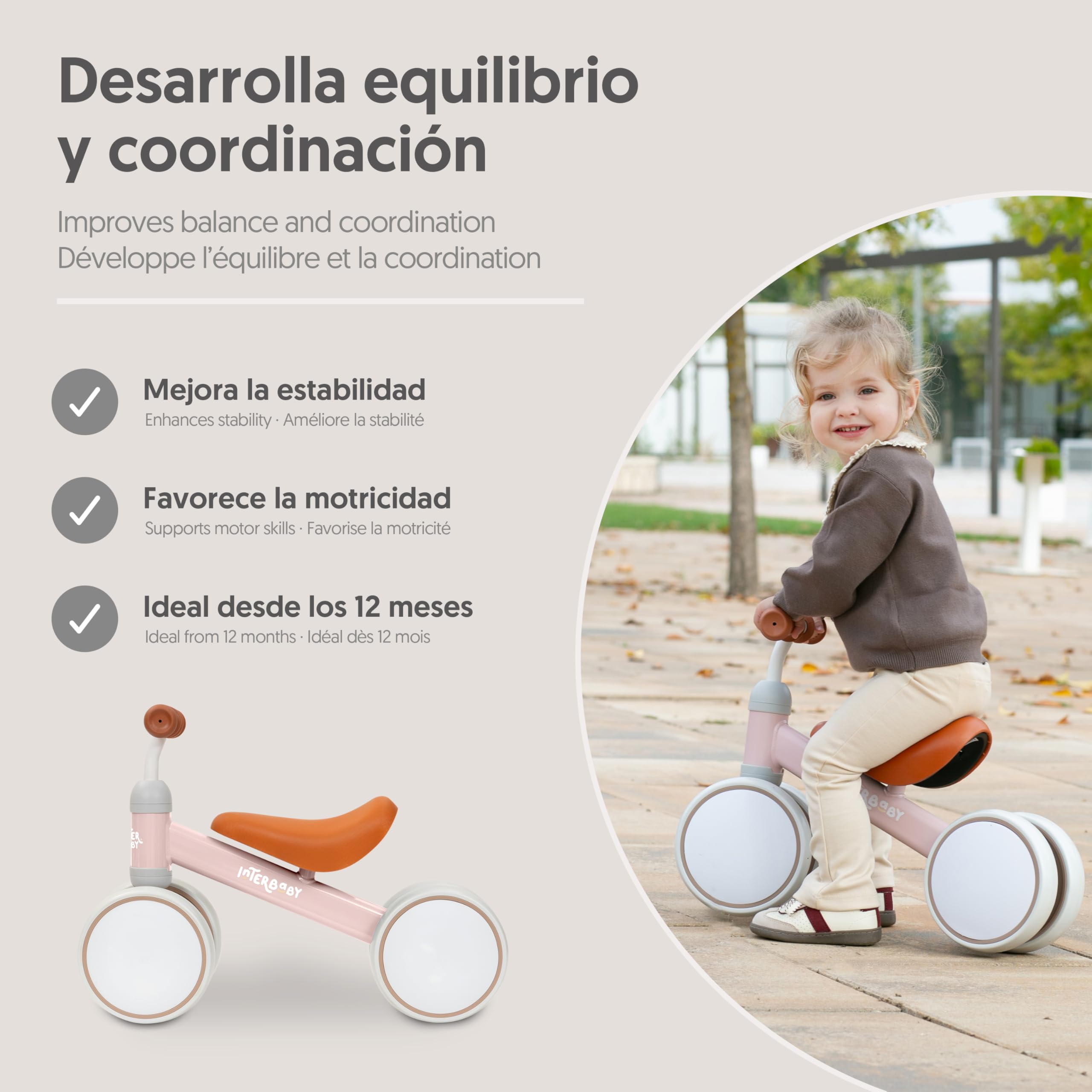 Interbaby Bicicleta sin Pedales Bebé 1 a 3 Años - Bicicleta de Equilibrio para Niños 12-36 Meses, Correpasillos Bebé Seguro 4 Ruedas, Primera Bici Niño 1-2 Años, Regalo Bebé 1 Año (Rosa)