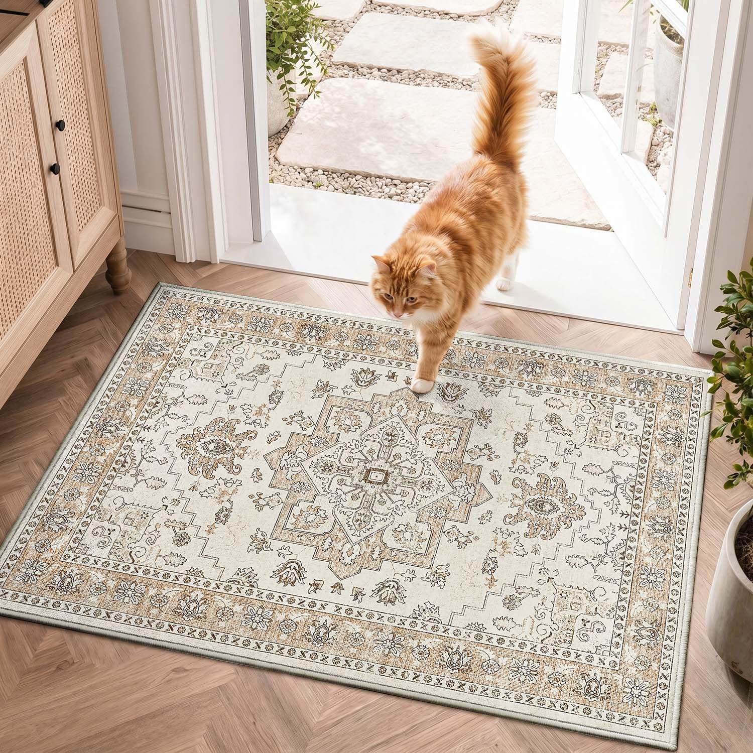 TOPICK Beige Taupe Door Mat 60x90, Vintage Cashmere Feel Pile Washable Rug