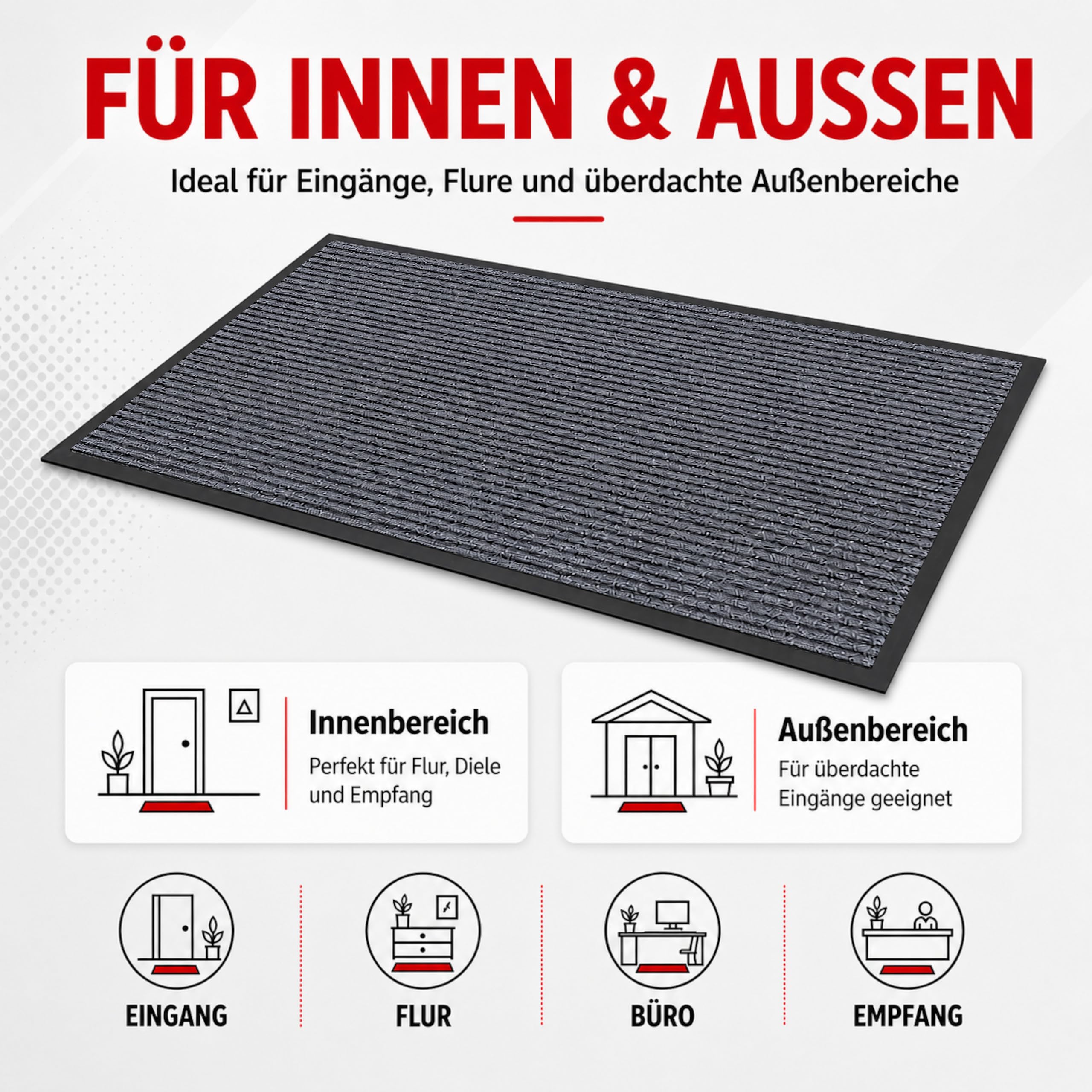 Fußmatte Grau 90x150 cm – Robuste, rutschfeste Schmutzfangmatte für Innen- und Außenbereich - saugfähige Türmatte aus Polypropylen und PVC