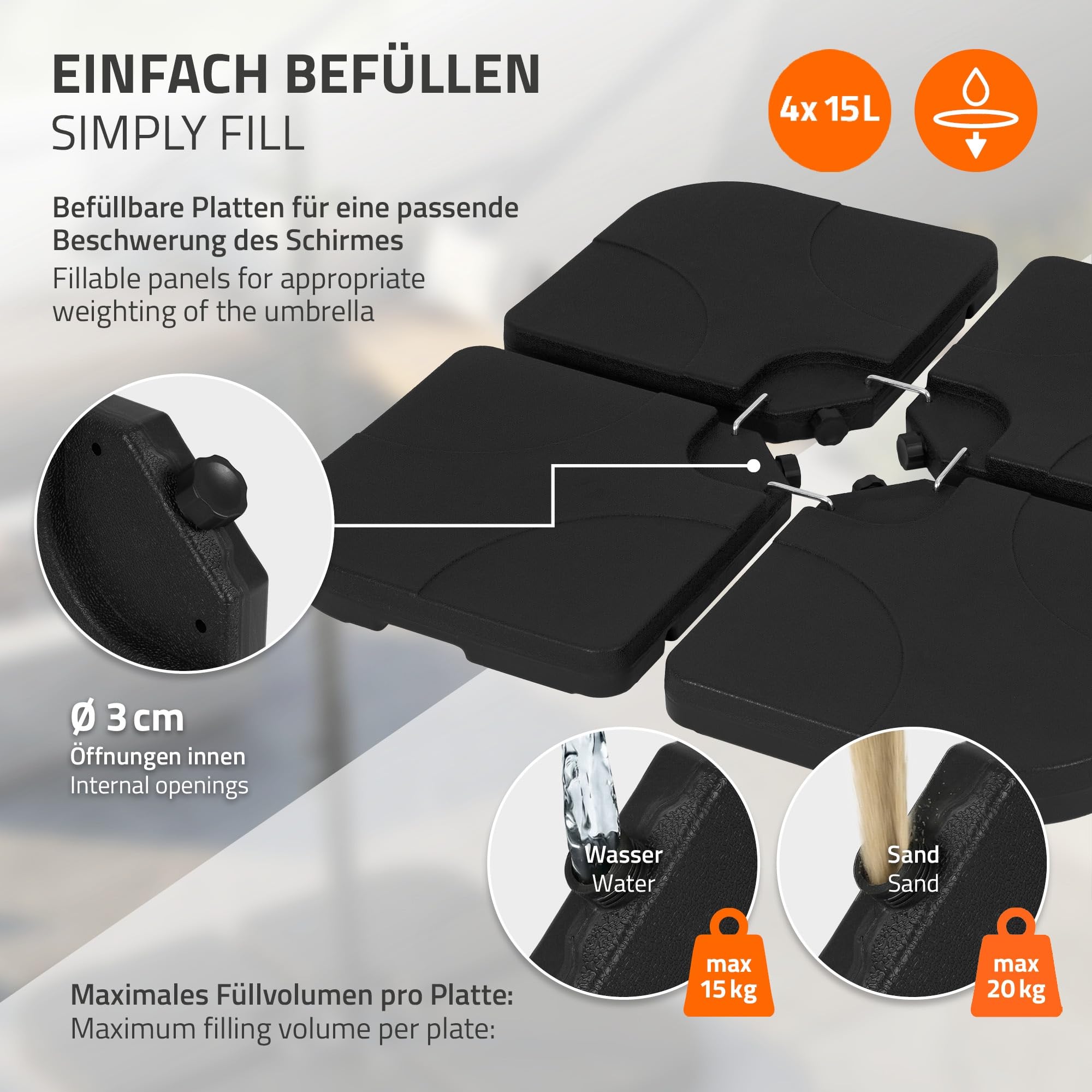 ML-Design Podstawa parasola 4 czesciowa zestaw obciazników do parasola ogrodowego 60L do 80kg do podstawy krzyzowej wypelnienie woda lub piaskiem odporna na warunki atmosferyczne metalowymi lacznikami