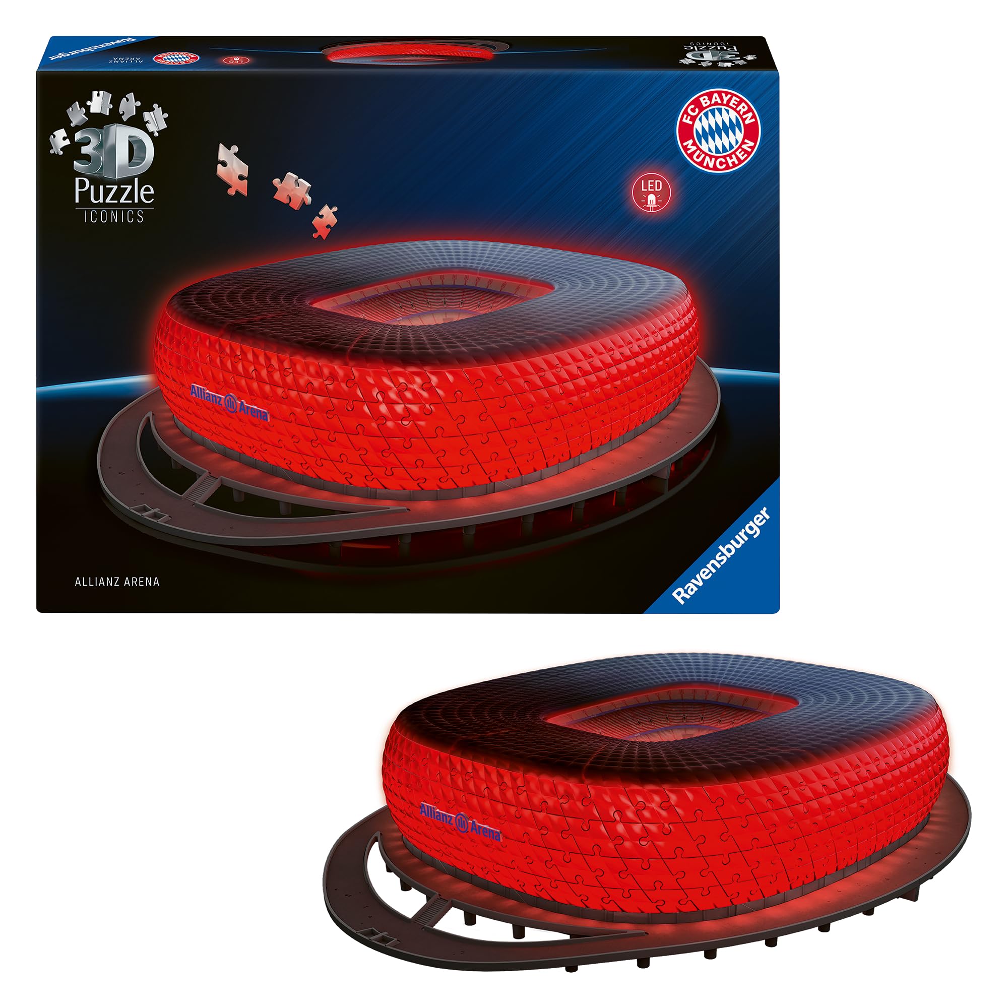 Ravensburger 3D Puzzle Iconics: 12008033 Allianz Arena - mit Licht - Das berühmte Stadion des FC Bayern München als beleuchtetes Modell für echte Fans
