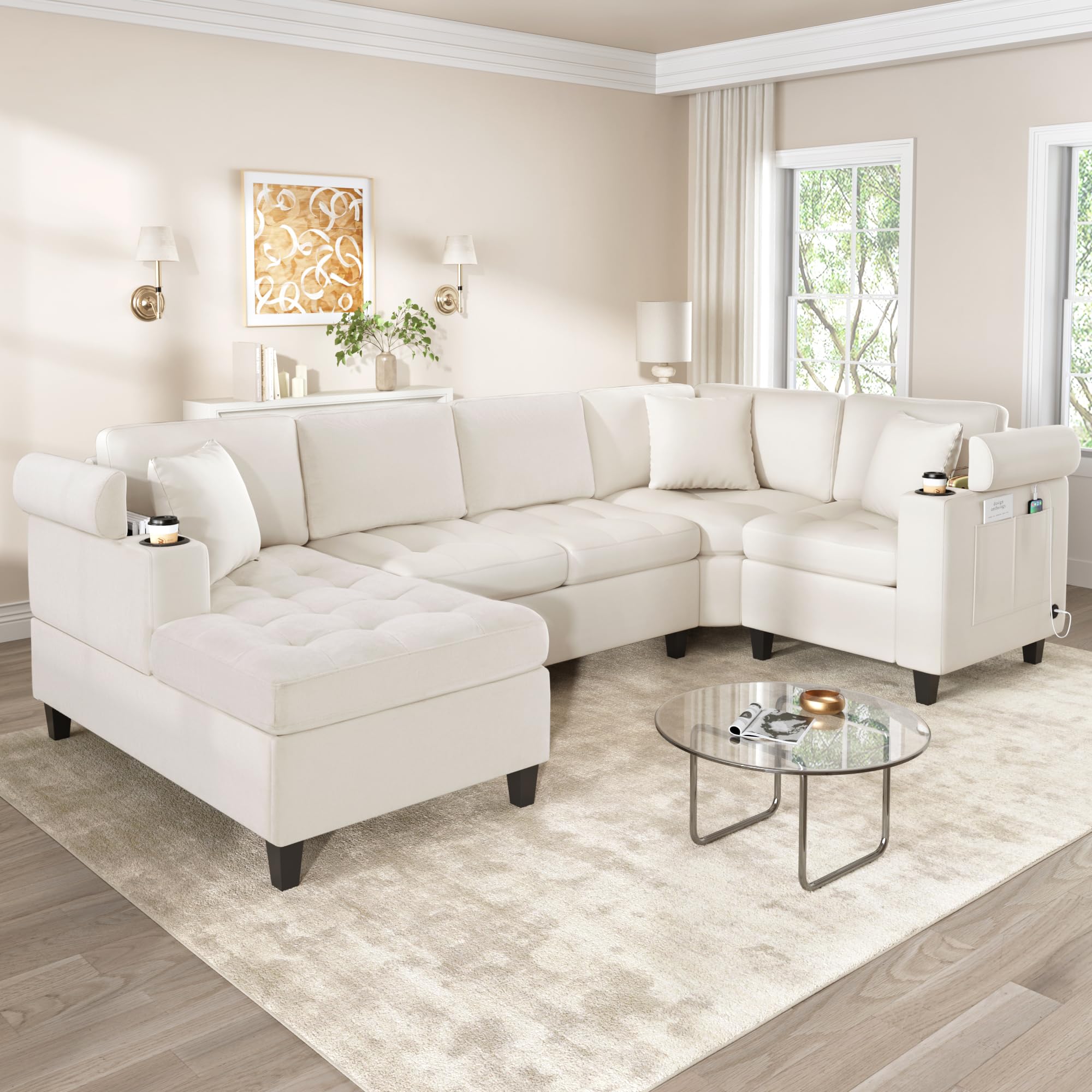 Photo 1 of ** Box # 4 of 4 only, missing 3 boxes ** Merax 115.7" U-Shaped Chenille Sectional Sofa, 4 Seat Corner Couch Oversized with Built-in Cup Holders, 3 Pillows, Storage Space for Living Room, Beige