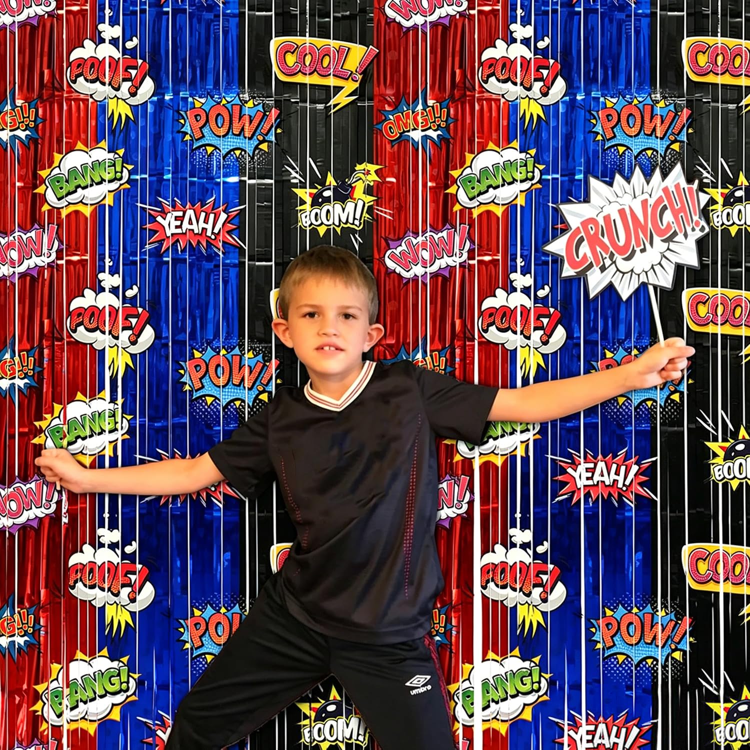 Paquete de 4 cortinas de flecos de papel de aluminio de araña, decoración de fiesta de cumpleaños, 3.28 x 6.56 pies, cortina de flecos de papel de aluminio rojo, azul y negro, accesorios para cabina