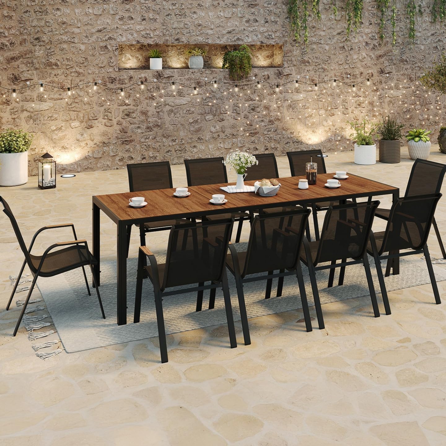 IDMarket - Salon de Jardin NOUMEA Table 240 cm Plateau Verre trempé Effet Bois et 10 chaises empilables Noir et Bois