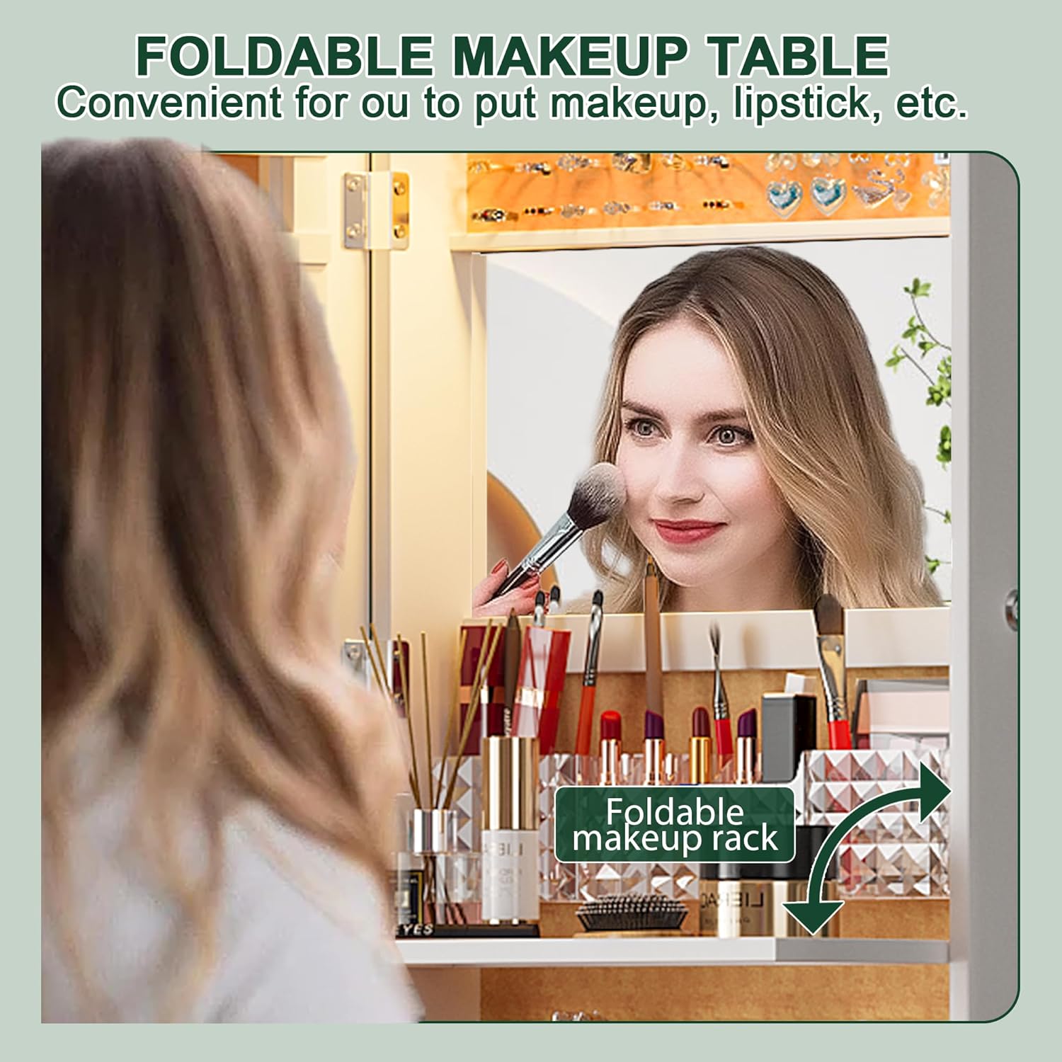 HNEBC LED Mirror Jewelry Cabinet with RGB Lights,47.2" Wall Mounted Jewelry Organizer with Full-Length Mirror,Over The Door Hanging Jewelry Armoire Storage Cabinet,Folding Dresser,2 Drawers,Lockable - Image 11