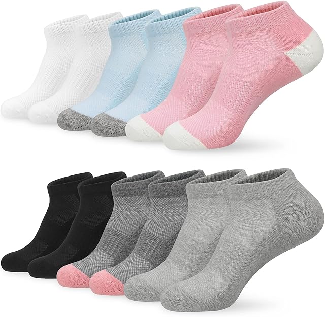 KOOOGEAR Black White Thick Thermal Trainer Running Socks Women 4-7, Womens Ladies Winter Warm Sports Ankle Socks Anti Blister Cushioned Cosy Walking Socks Colourful Grey Cotton Athletic Socks 5 Pairs